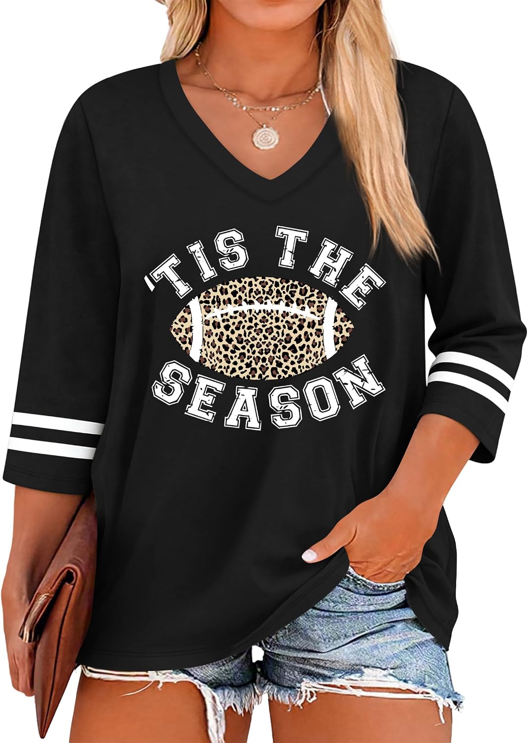 QAUN Womens Game Day Football T Shirts Plus Size 3/4 Sleeve V Neck Football Mom Tops Sunday Funday Gameday Tees