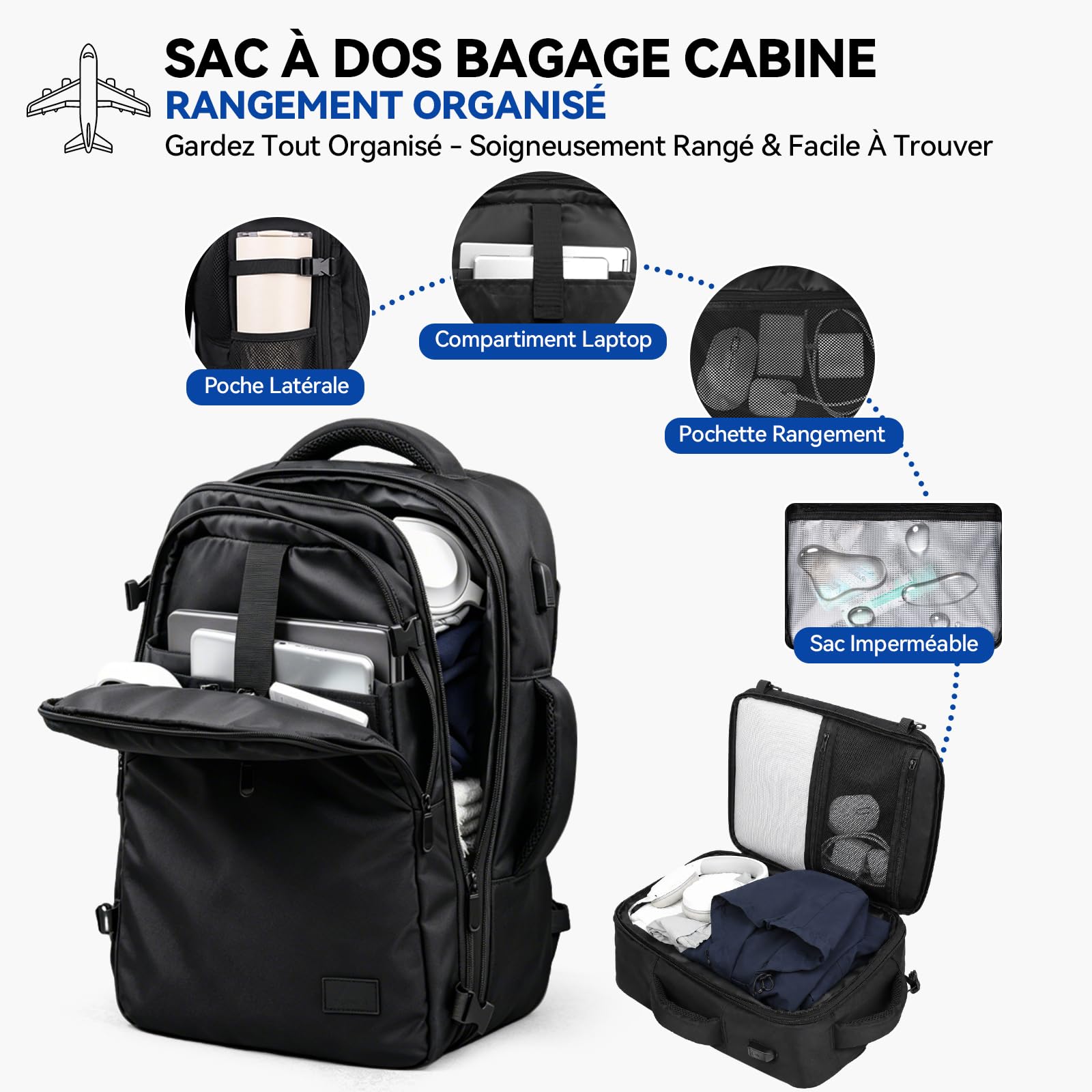 Sac a Dos Voyage Cabine Avion, 24L Sac a Dos Cabine Avion 40x30x20, Extensible jusqu'à 30L Conforme Air France, Ryanair, Compartiment Ordinateur 15,6 Pouces & Port USB Pour Voyages - Noir