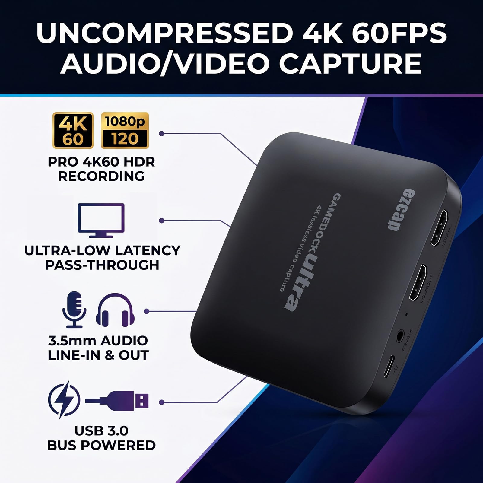 Scheda di Acquisizione Video 4K 60FPS, Dispositivo di Acquisizione da a USB 3.0 con Registrazione 1080p120 Interfaccia da 3,5 Mm Bassa Latenza per Giochi