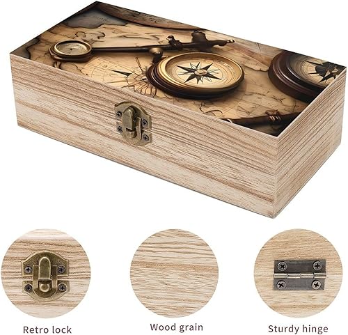 Miniatura 3 de Caja de almacenamiento de madera con brújula y mapa del viejo mundo, elegante joyero retro con tapa con bisagras, cajas decorativas de recuerdos,