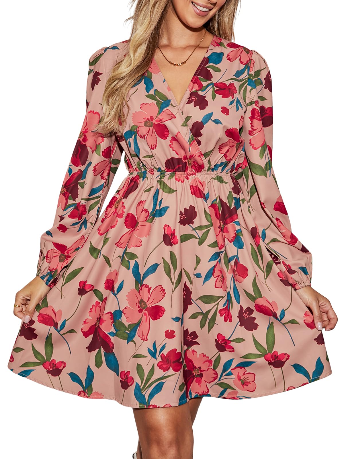 CUPSHE Women Floral Ruffle Summer Dress Surplice V Neck Long Peasant Sleeve Elastic Waist Flowy Casual Holiday Mini Dress