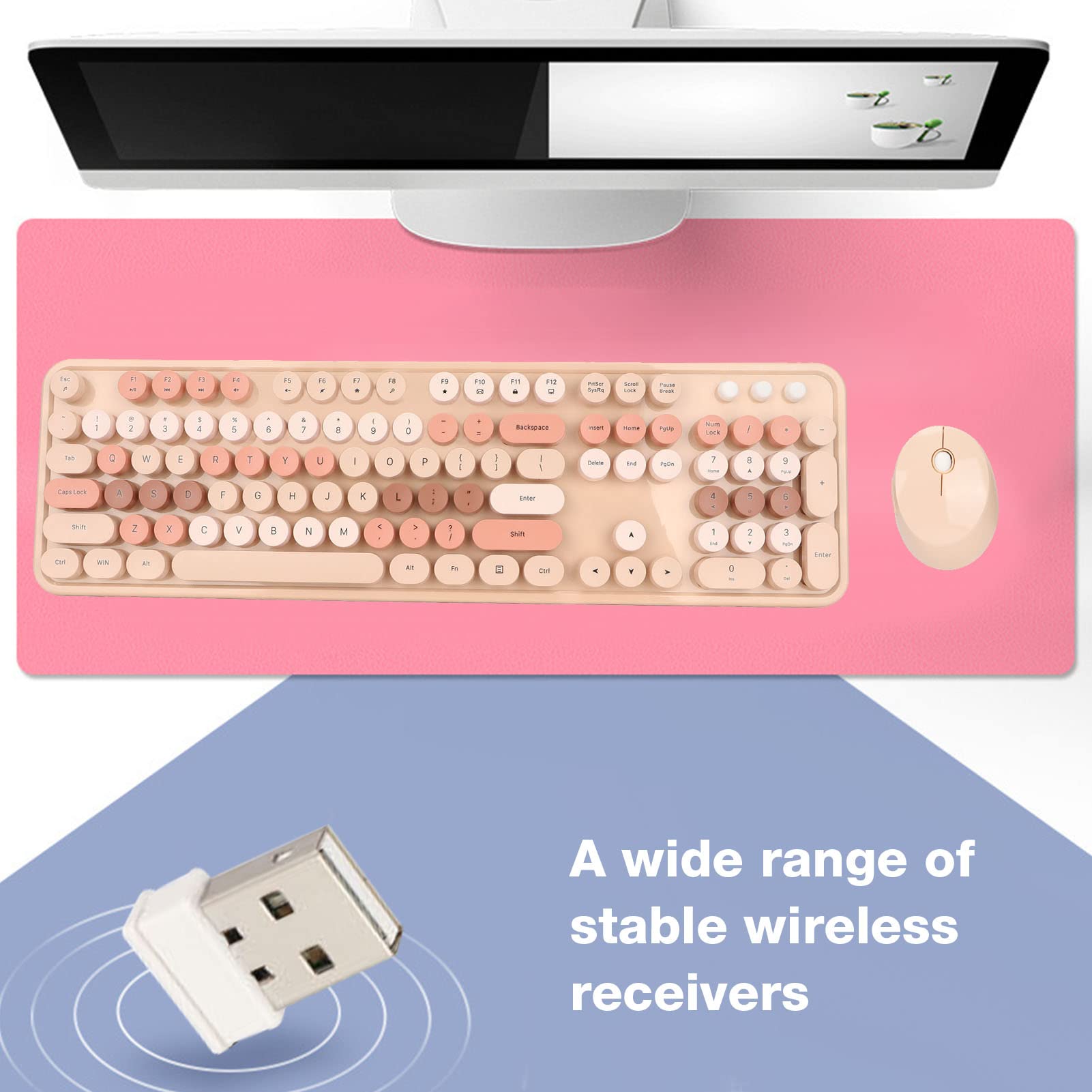 Wireless Keyboard and Mouse Combo,104 Keys Ergonomic Cute Desktop Game Keyboard and Mouse Sets for Girls for Home Office Work Gaming,Valentine's Birthday Gift (Milk Tea)