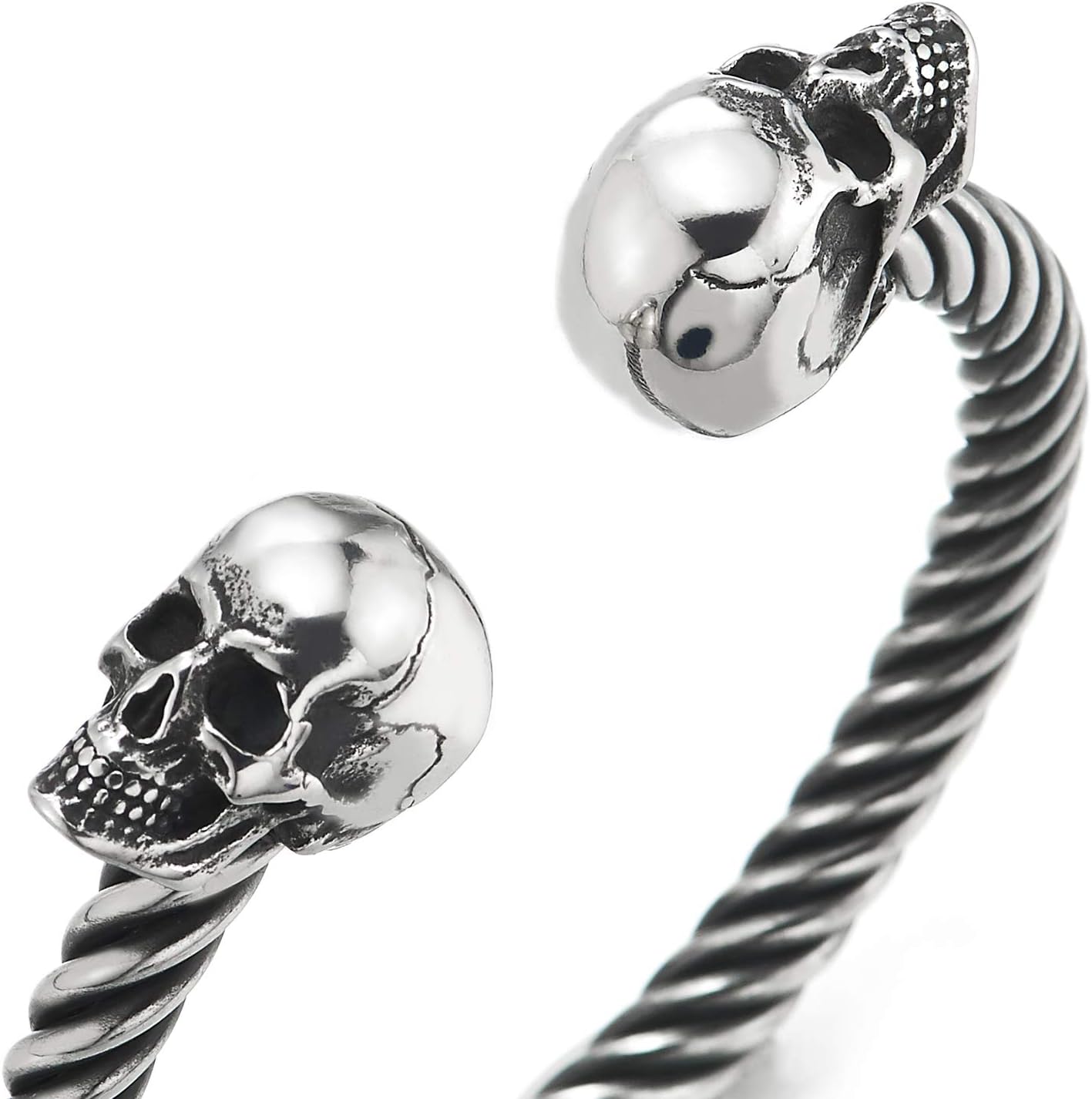 COOLSTEELANDBEYOND Mens Womens Skull Twisted Cable Cuff Bangle Bracelet, Stainless Steel, Polished, Elastic Adjustable - Image 2