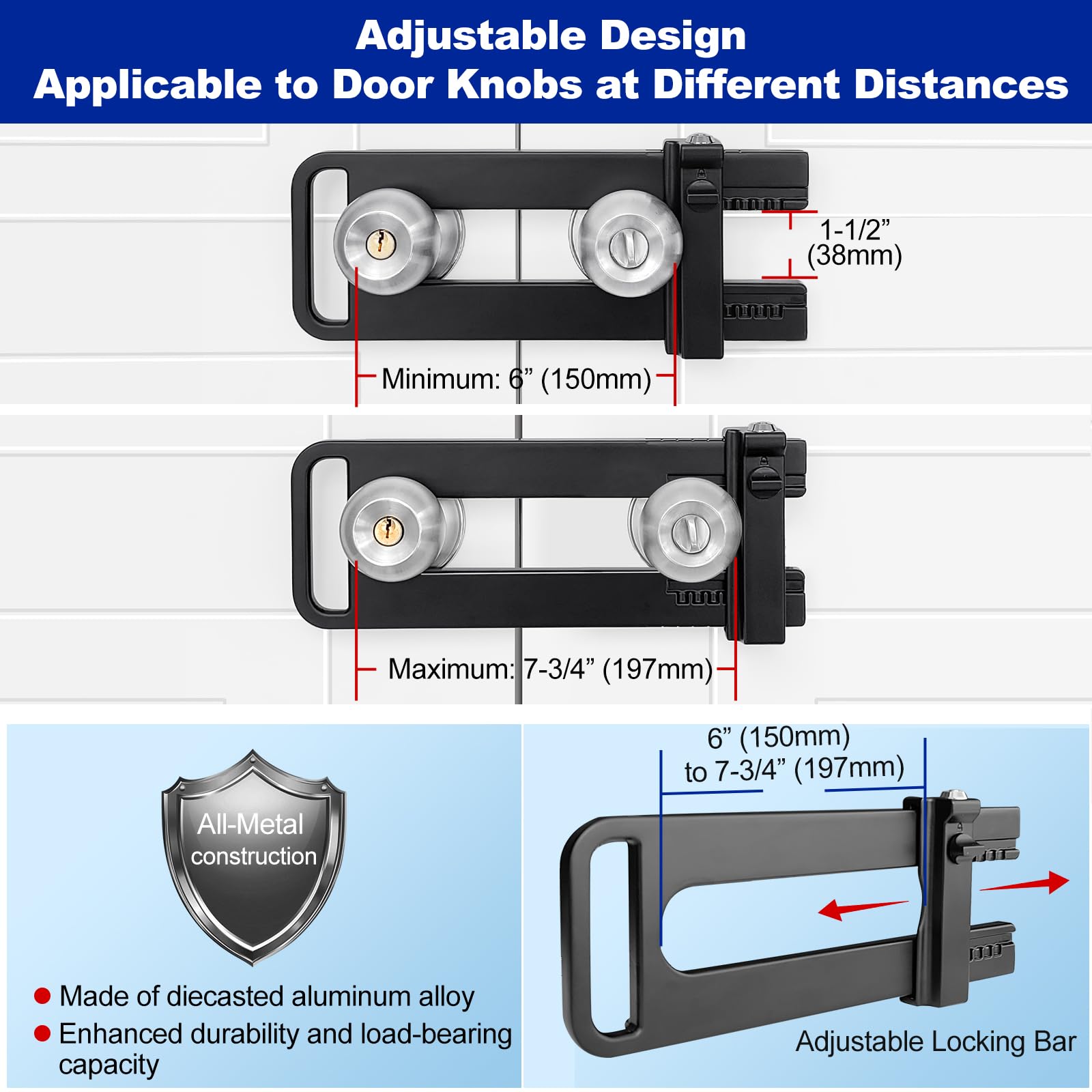 Dispositif de verrouillage à double porte, barrière de sécurité pour porte française, serrure de porte supplémentaire à clé pour portes avec double poignées/boutons/leviers, construction