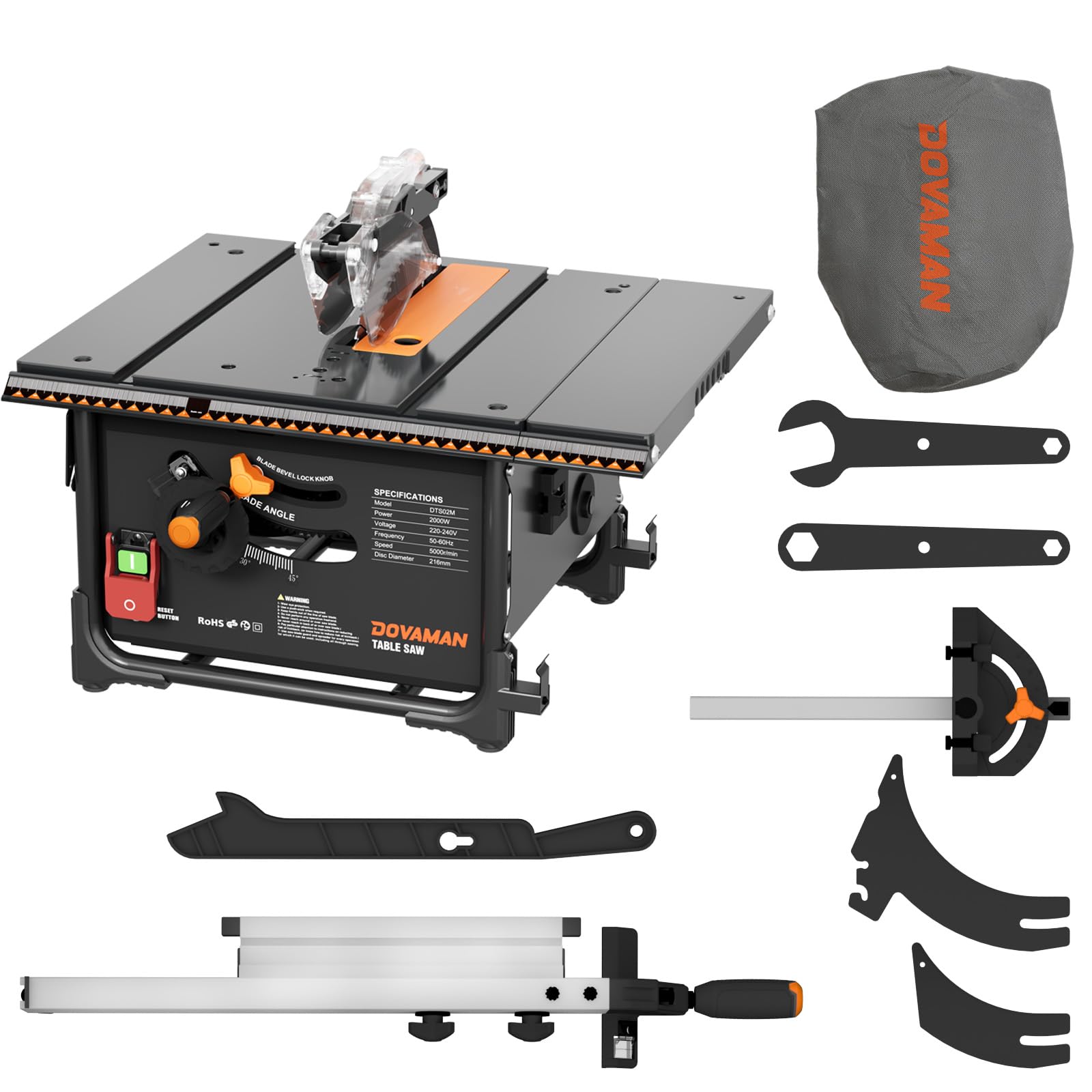 DOVAMAN Banco Sega Circolare per Legno 2000W, 98% Raccolta Polvere, Taglio Max 60mm, Lama 216mm, Piano Estensibile 48-80cm, Storage Integrato, Sega da Tavolo per DIY e Hobby - DTS02M