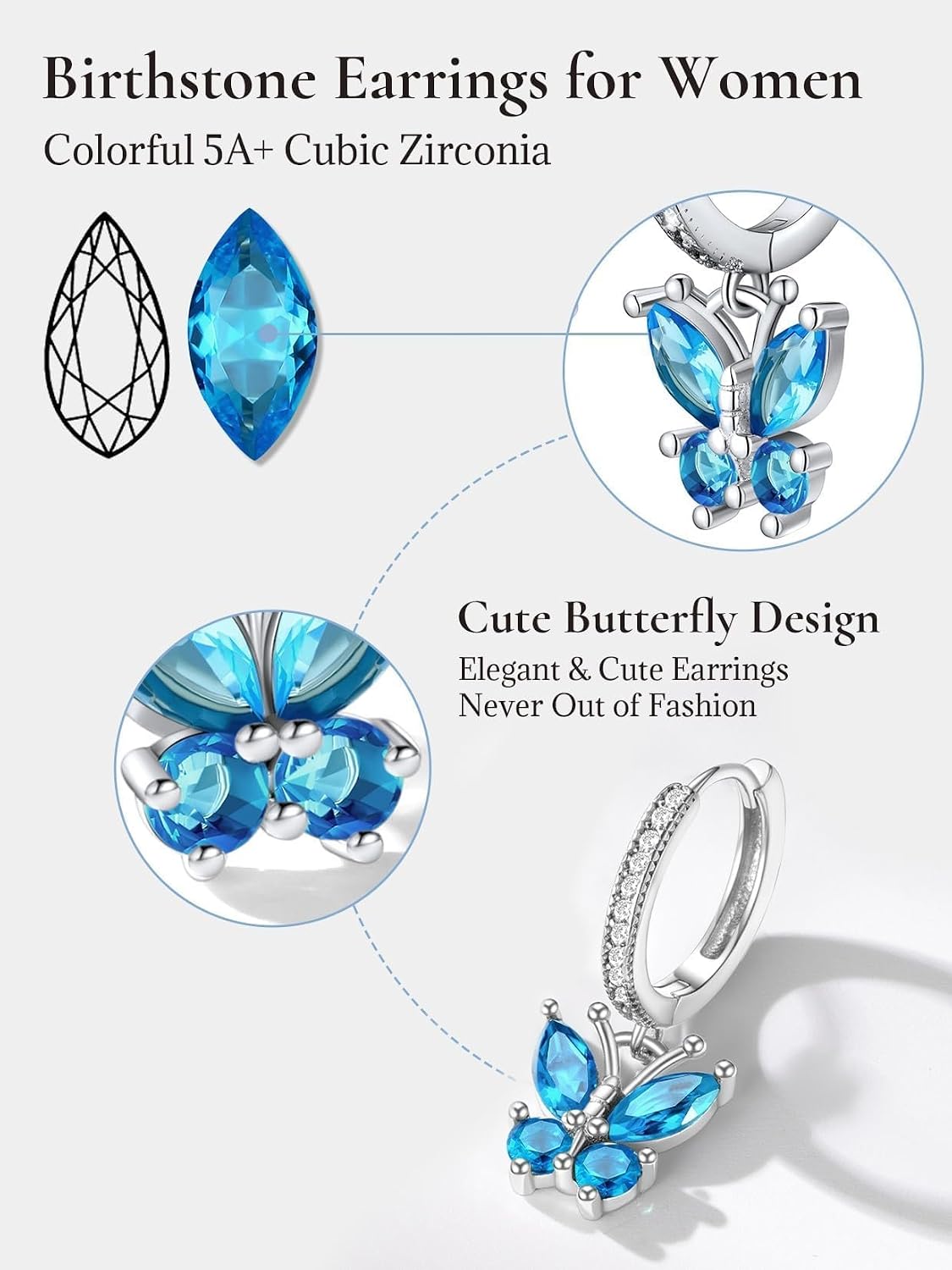 SILVERCUTE 925 Sterling Silver Butterfly Earrings for Women - Dainty Butterfly Birthstone Earrings,Hypoallergenic Dangle Earring, Birthstone Jewelry Birthday Gifts for Women