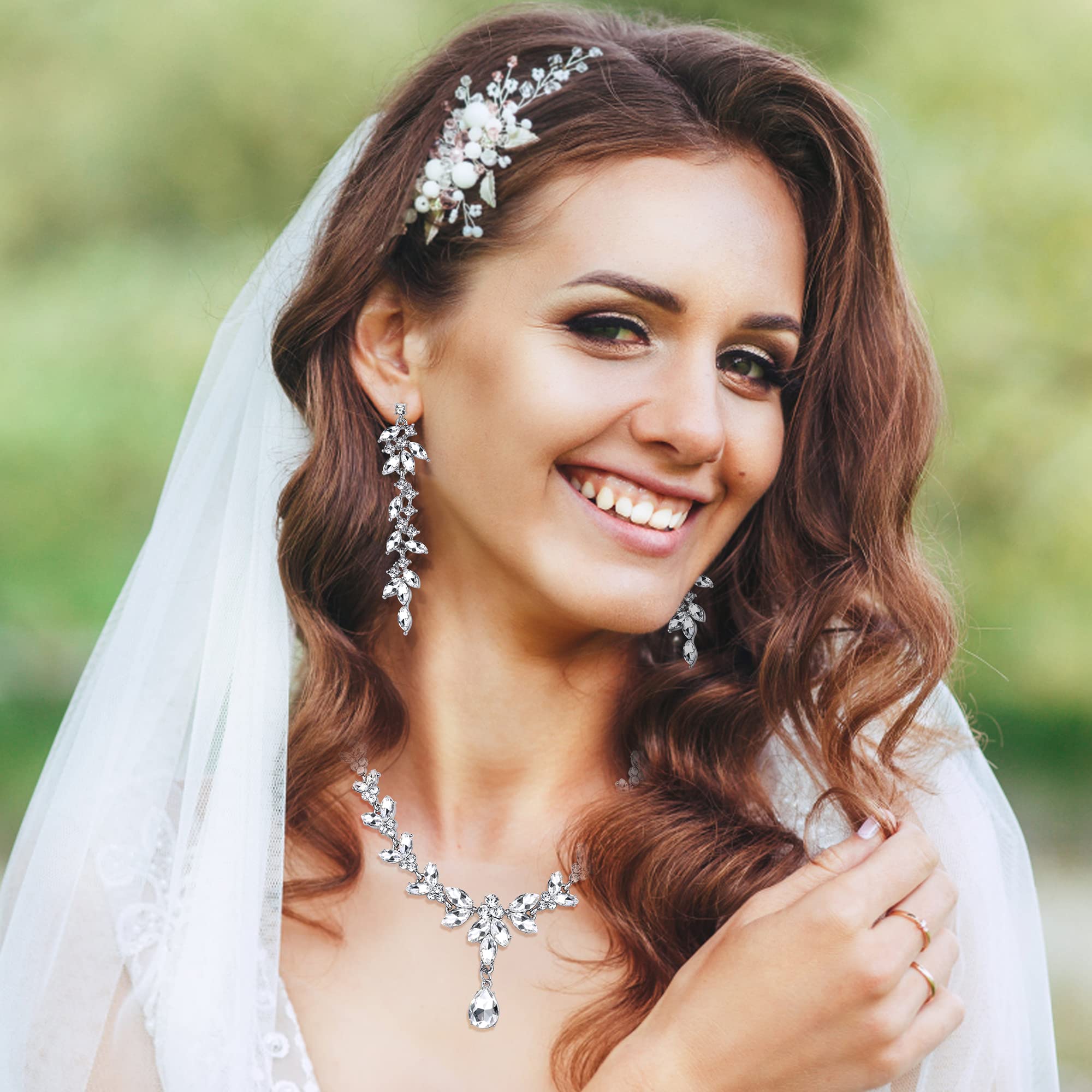 Bridal Wedding Jewelry Set – Silver Necklace, Earrings & Bracelet With Rhinestones | For Bride, Bridesmaid, Prom & Parties