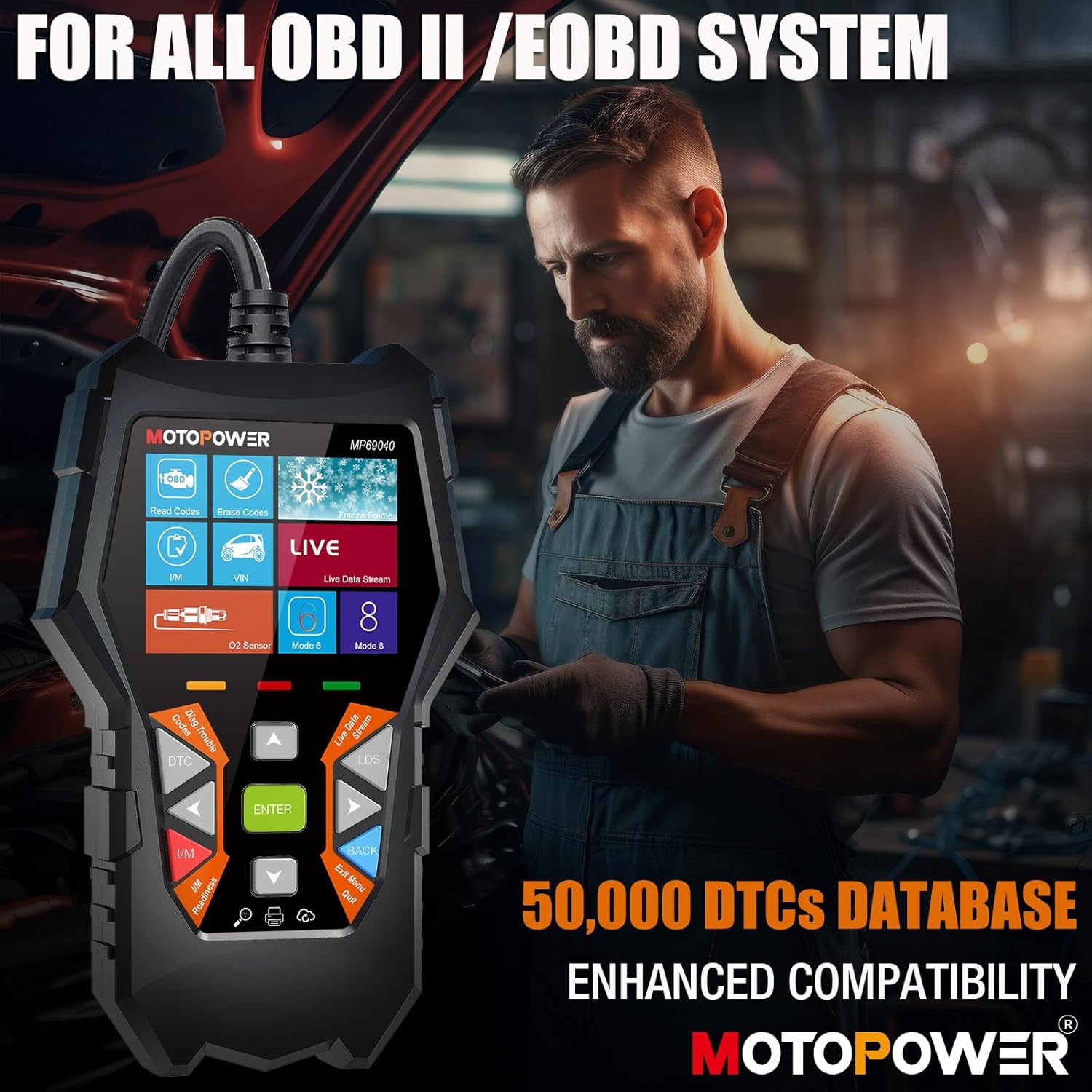 MOTOPOWER MP69040 OBD2 Scanner displaying its interface and indicating compatibility with all OBD II / EOBD systems