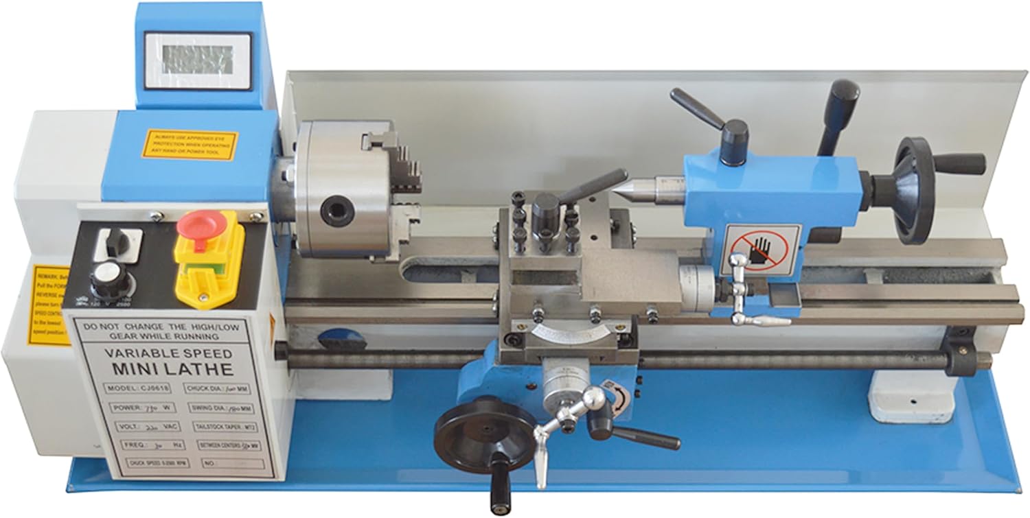 750W Teaching Metal Bench Lathe Machine 7 * 14 Inch for Milling Drilling Metal Working with Adjustable Speed Three-Jaw Chuck Metric Scale Emergency Stop Switch