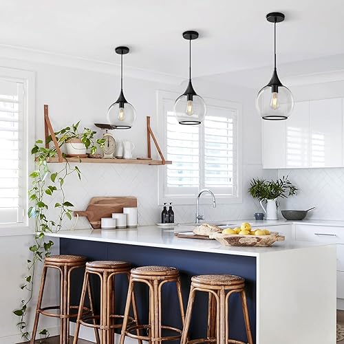 Miniatura 3 de Luces colgantes isla de cocina lámpara negra mate con vidrio transparente - 10 pulgadas de globo de mediados de siglo accesorios de iluminación de