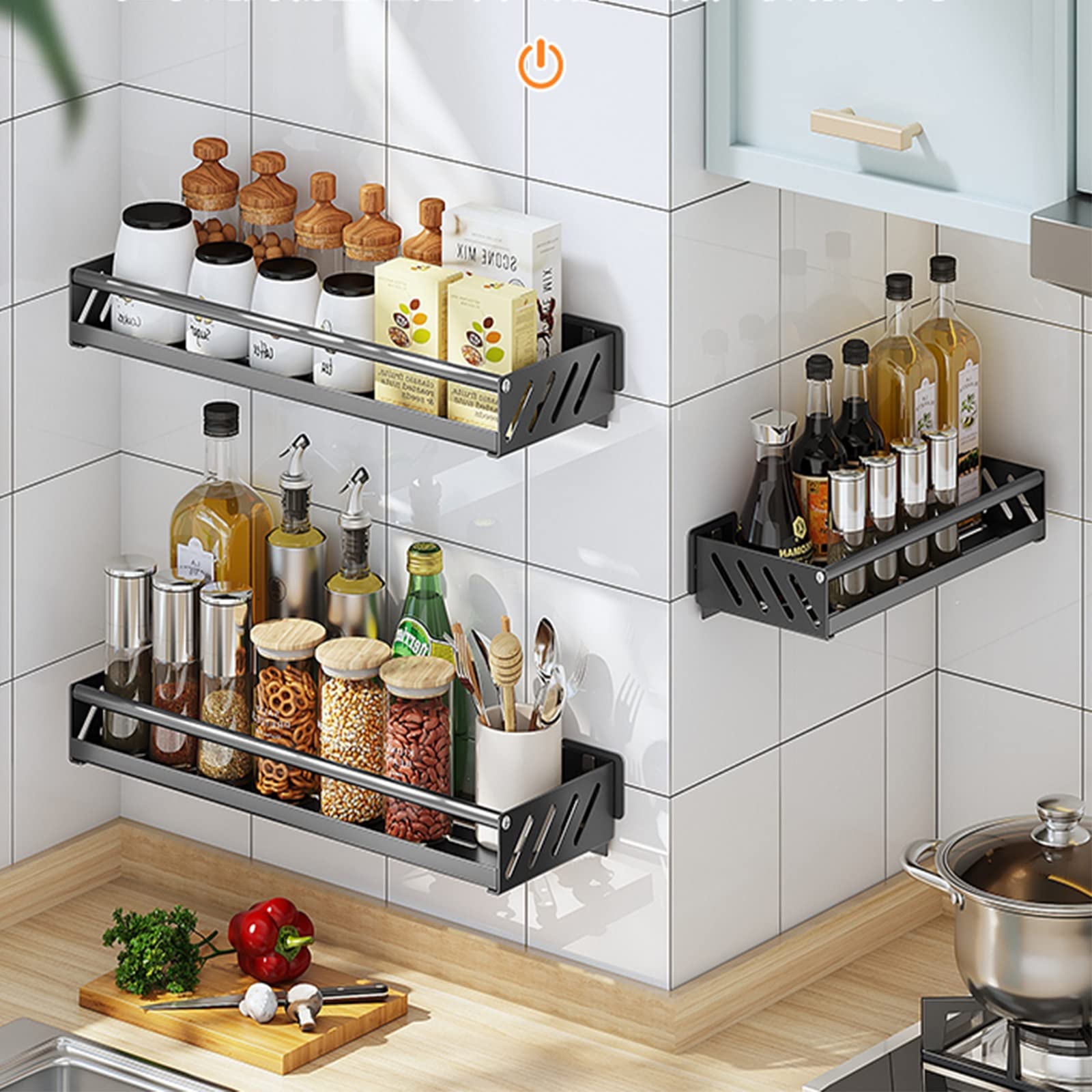 Paquete de 2 organizadores de Almacenamiento Negros, Estante para Especias de Montaje en Pared, Organizador de frascos, Multifuncional para Cocina, Adecuado para Diversos entornos