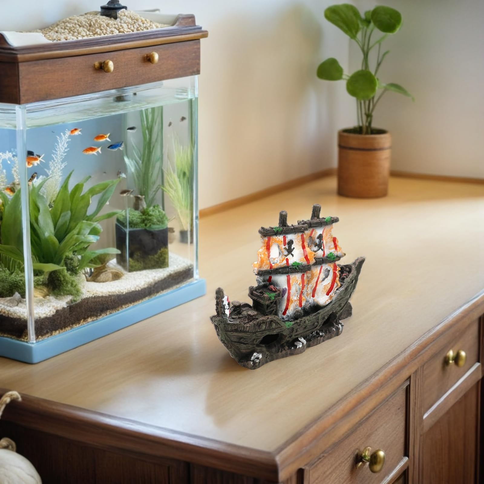 TOYANDONA Decoración para Acuario en Resina Naufragio de Barco Hundido, Escondite para Peces y Camarones, Accesorio Paisajístico para Tanque de Peces