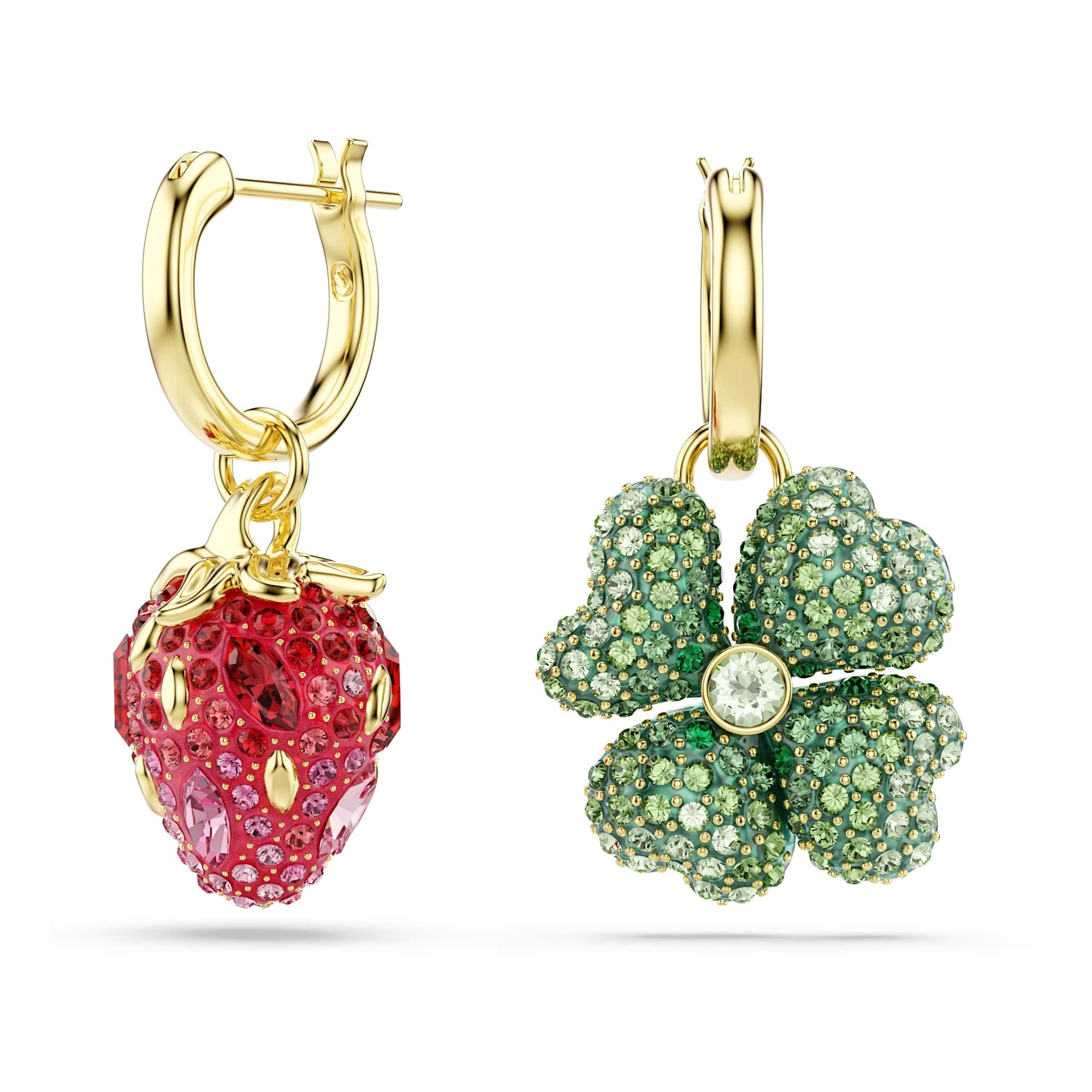 Swarovski Idyllia Drop-Ohrhänger, Set (3), Marienkäfer, Glücksklee, Erdbeere, Mehrfarbig, Goldlegierungsschicht