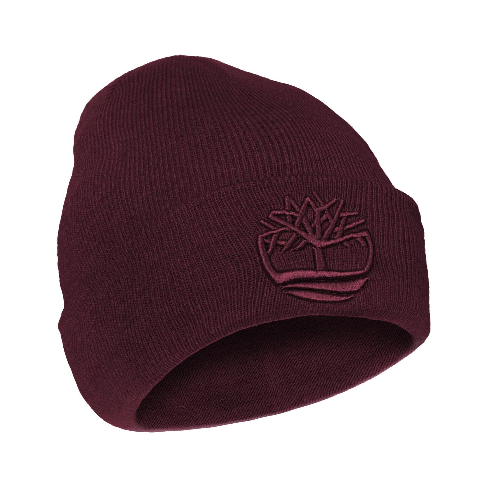Timberland Men’s Tonal 3D Embroidery Beanie – Soft Knit Winter Hat, Raised Logo, Warm Stretch Fit for Cold Weather Wear, Burgundy, One Size