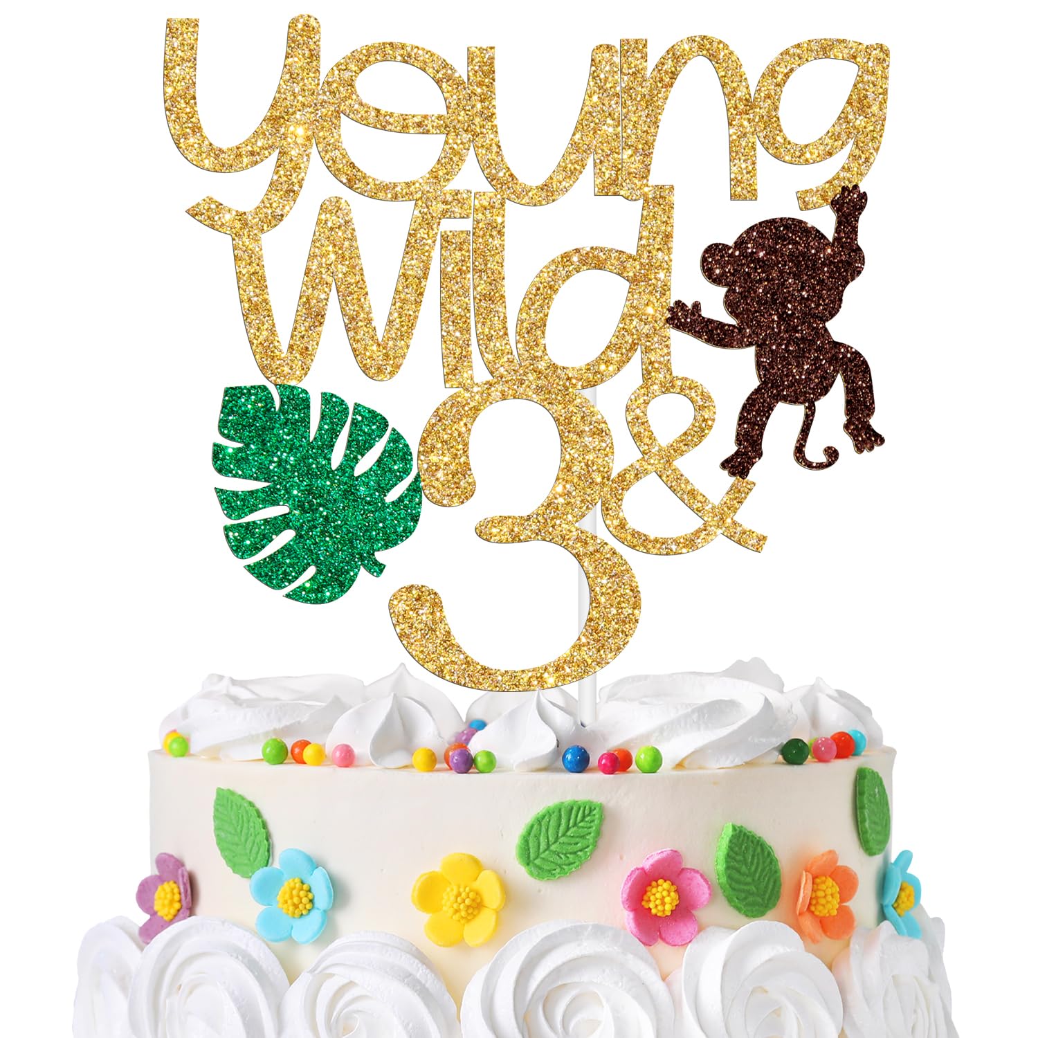 Young Wild and Three Cake Topper, Happy 3rd Birthday Decorations, for Kids 3rd Birthday Party Cake Decor, Gold and Brown Glitter