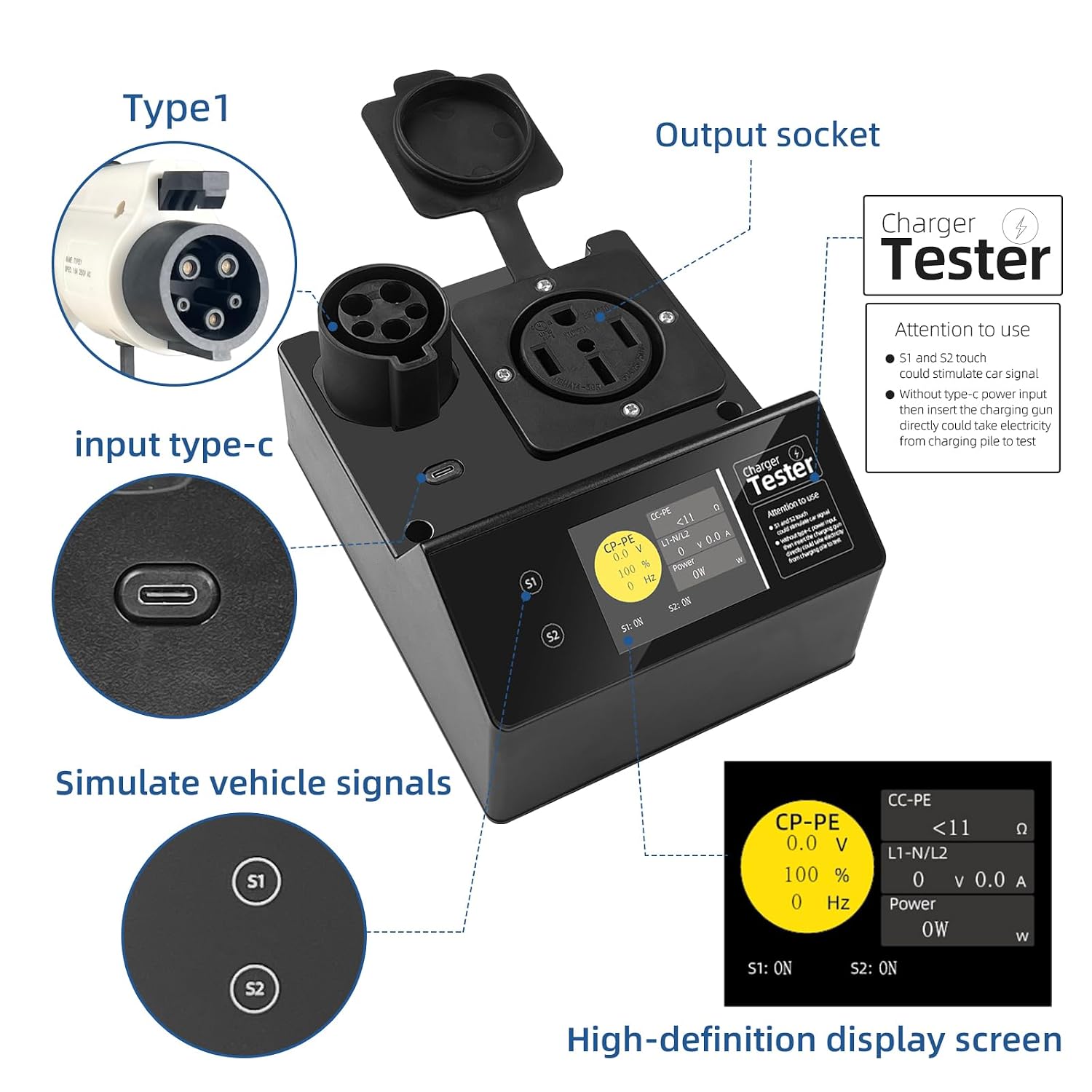 J1772 EV Charger Tester, Portable Type 1 EVSE Station Tester with Resistive Load & Vehicle Simulator for EVSE Installation and Field Testing