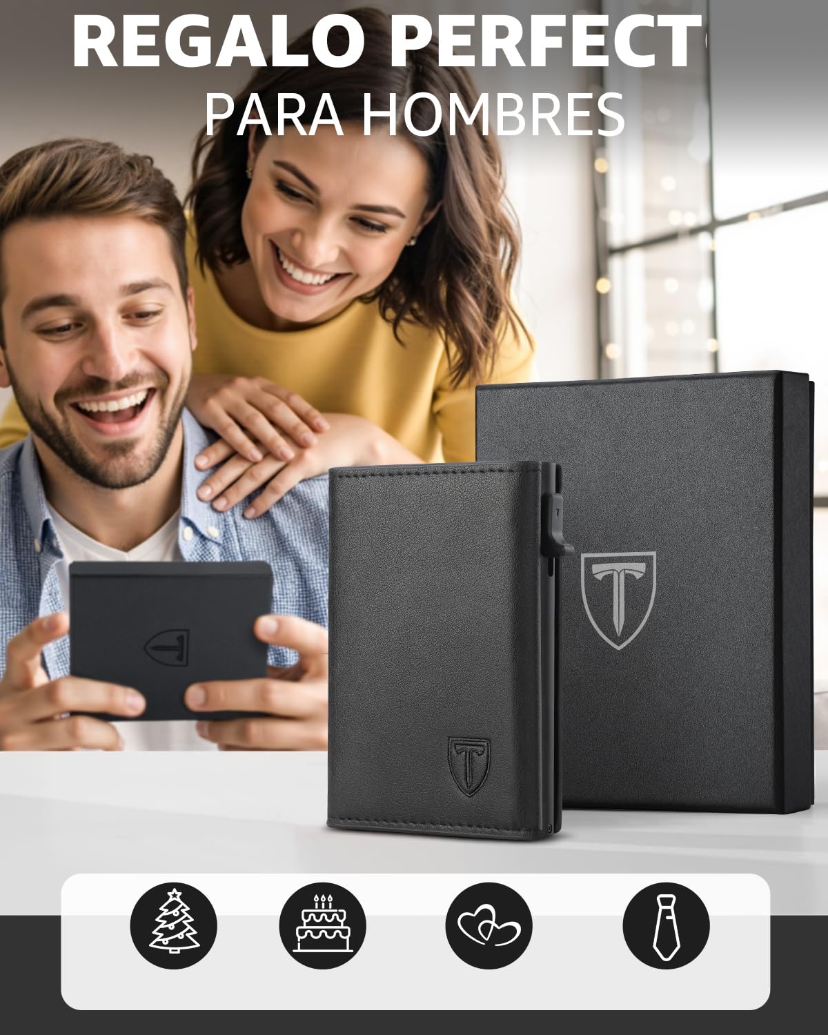 TEEHON Cartera Hombre de Cuero con Cierre Magnético, Tarjetero con Bloqueo RFID, Cartera Tarjetero Hombre pequeño para Crédito, Billetes y Monedas con Caja de Regalo, Negro