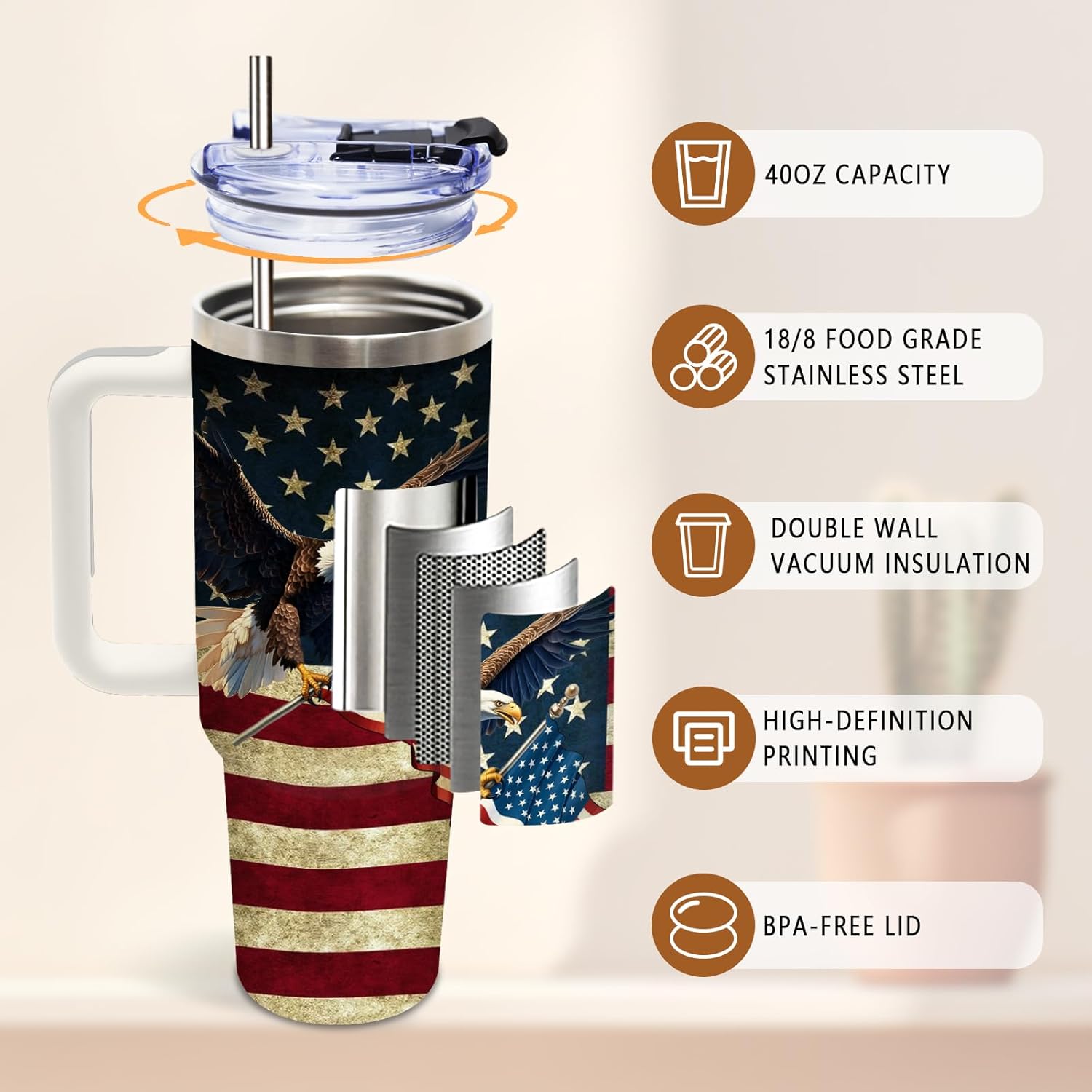 DUUV American Flag Tumbler 40 Oz, Eagle Gifts for Men on Birthday Christmas Thanksgiving Fathers Day, Patriotic Travel Mug for Men Dad Grandpa, Stainless Steel Insulated Mug, 1PCS - Image 4