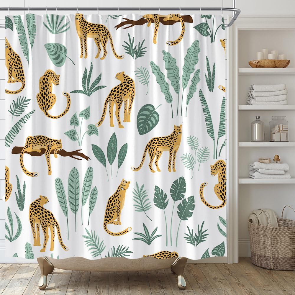 Leopard Shower Curtain Cheetah Tropical Palm Leaf Jungle Rainforest Wildlife Animal Asian White Home Fabric Bathroom Decor Set Include Hooks,(78" Wx70 H)