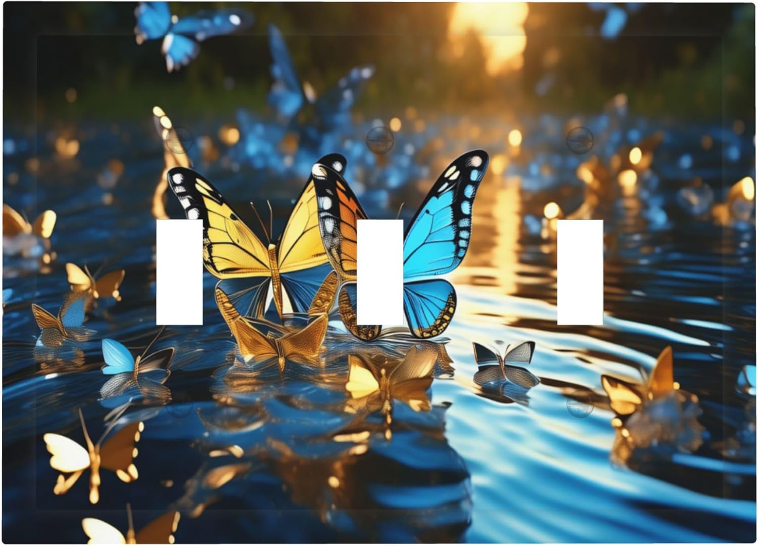 Butterfly And Lake Outlet Plate Cover 3 Gang Toggle Electrical Wall Plate For Home Living Kitchen Bedroom Bathroom Decorative Single Light Switch Cover Plate 4.8 x 6.7 Inch