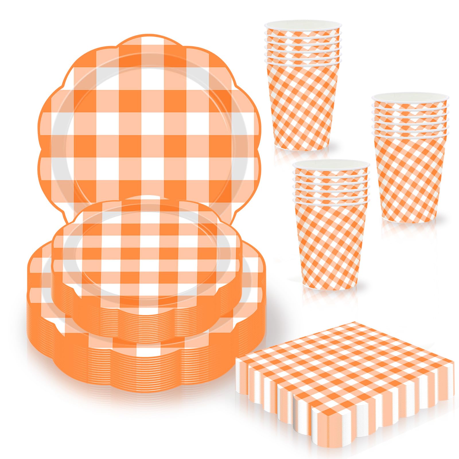 80pcs White and Orange Gingham Paper Plates and Napkins Party Tableware Disposable Set,Scalloped Checkered Dessert Plate Cups Napkin Serviettes for Birthday Holloween Thanksgiving Fall Picnic Party