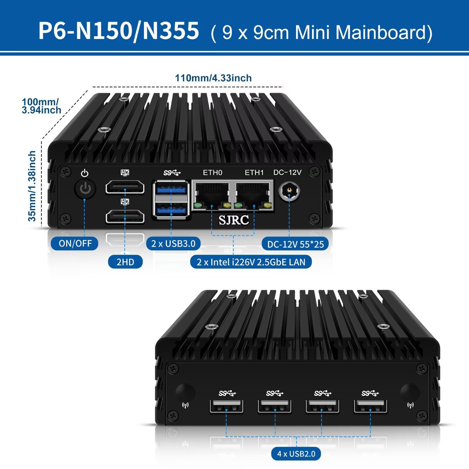 SJRC X86 P6 Mini PC sans ventilateur N150, 2 ports i226-V 2,5GbE LAN Micro Firewall Appliance Dual 4K HD, PC compact Win 11 Pro, DDR5 16 Go RAM 128 Go SSD, USB 3.2, pour bureau à domicile