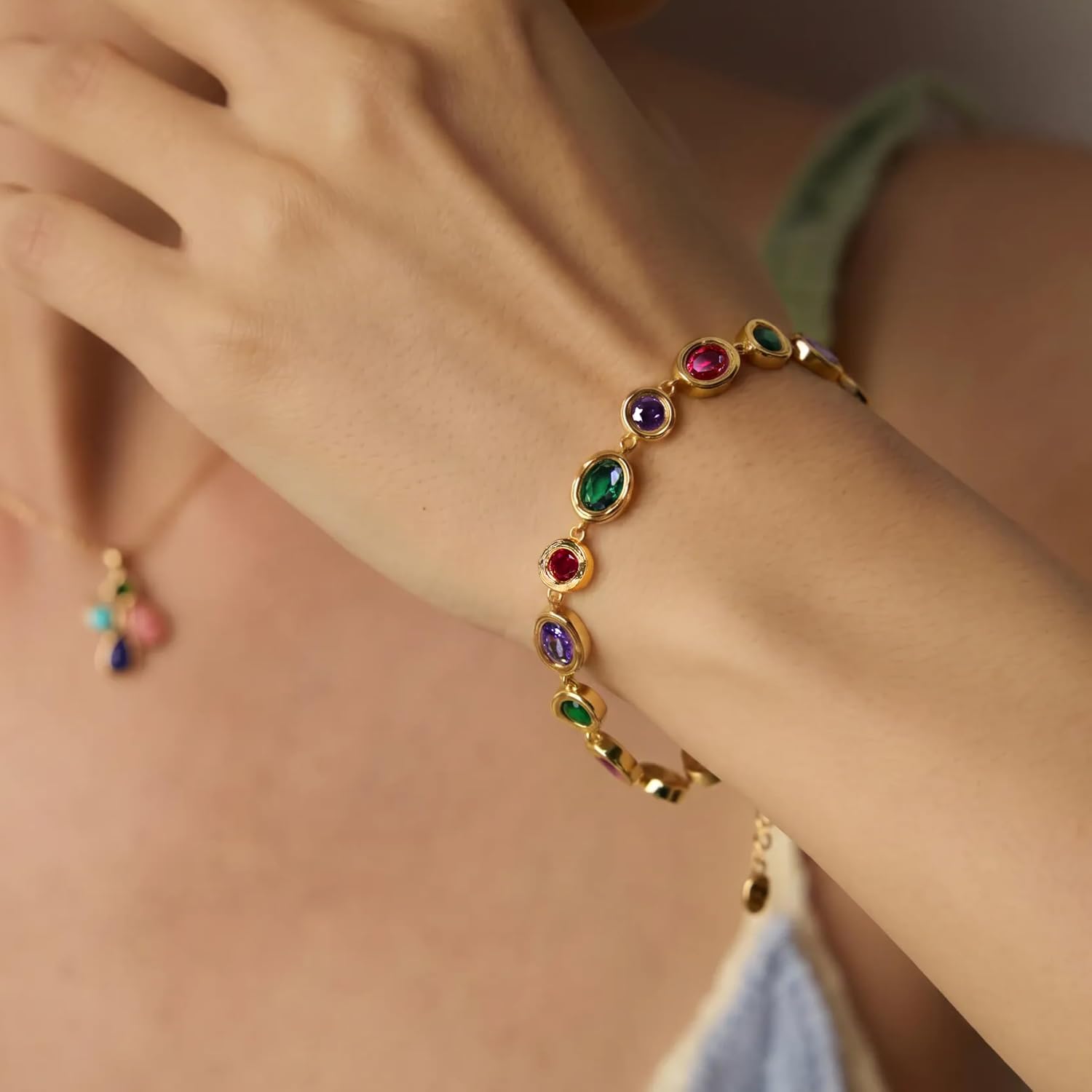 PASCAL Catena Multi Color Lab-Grown Gemstone Bracelet for Women Men, Vintage colourful Gold Bezel Tennis Bracelet,18K Gold Plated Statement Jewelry Gift for Women, Adjustable for Everyday Wear or Special Occasions