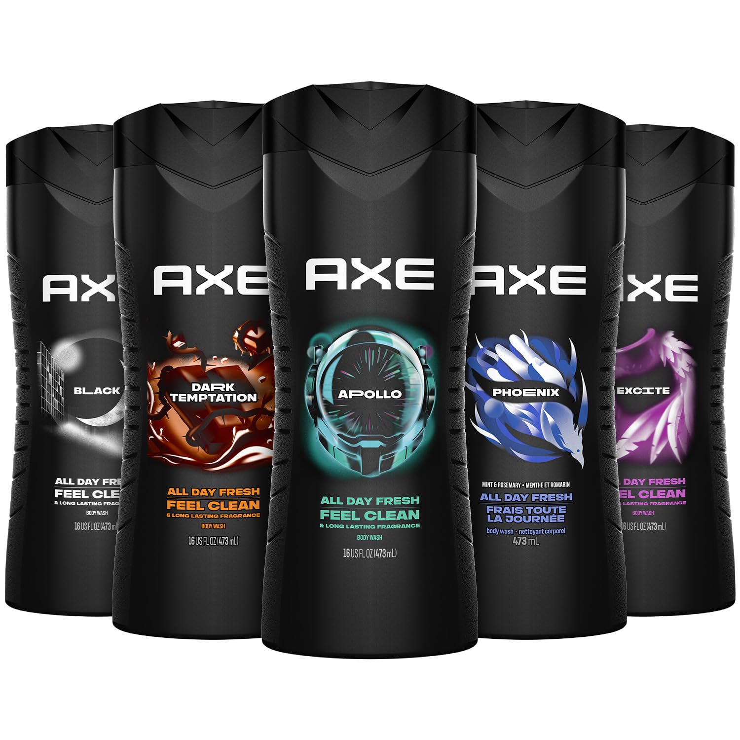 AXE Men's 3-in-1 Face, Body Wash & Shampoo Variety 5-Pack (Apollo, Dark Temptation, Black, Excite, Phoenix) 12H Invigorating Scents, 16 Fl Oz Ea