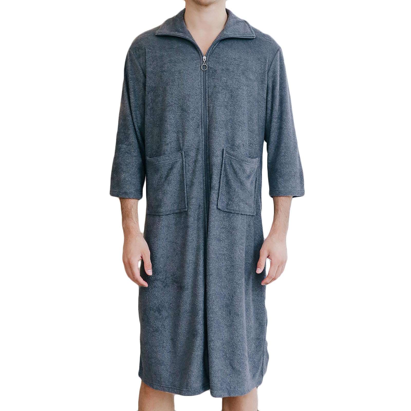 Mens Full Zipper Lapel Robe, Plush Fleece Bathrobes for Men Long Cozy Warm Spa Robe with Pockets Sleepwear Homewear