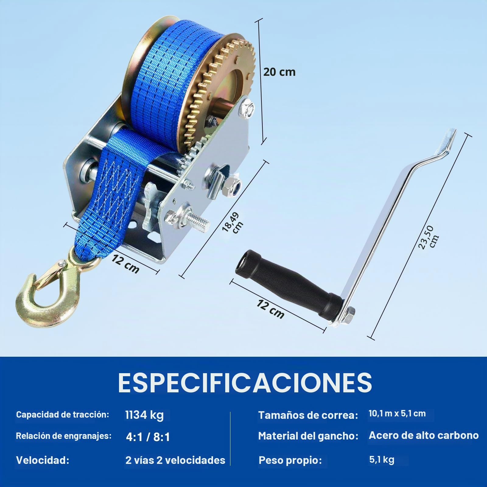FreeTec Torno de Correa de manivela,10M Mano Cabestrante 1130 kg (2500 LBS)