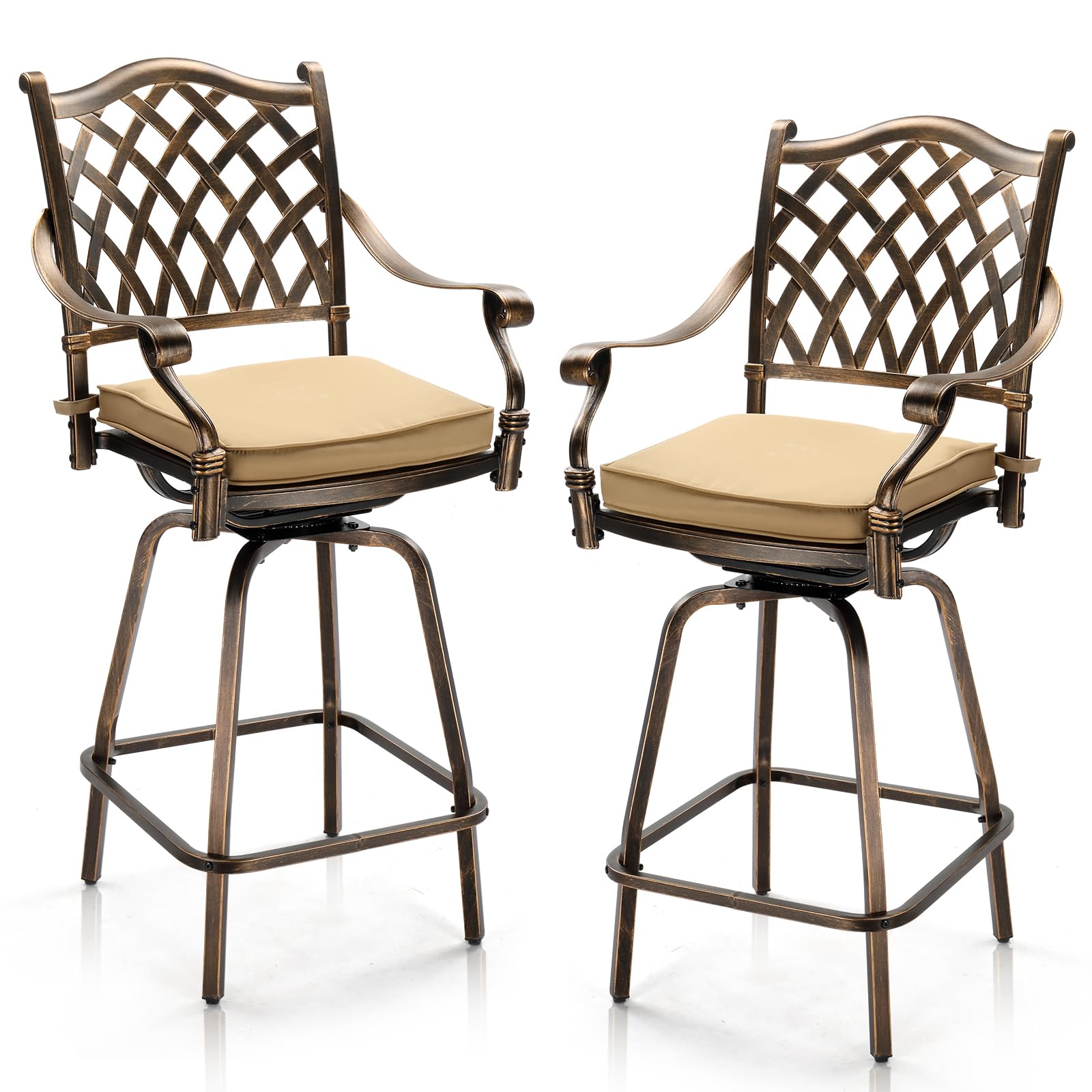 Outvita Outdoor Patio Swivel Bar Stools Set of 2, All-Weather Cast Aluminum Bar Height Bistro Chairs, Counter Height Outdoor Barstools, with Cushions