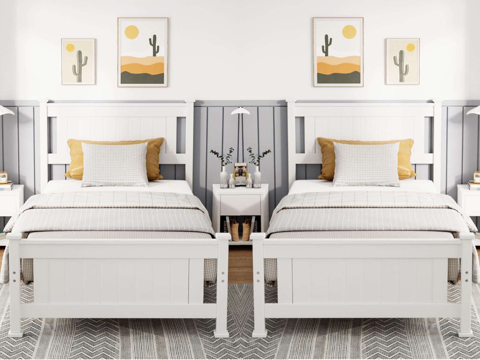 VINGLI Twin Bed Frame Set of 2 Solid Wood Platform Bed Frame, Single Bed with Headboard, No Box Spring Needed Panel Bed, Wood Slat Support Mattress Foundation, White