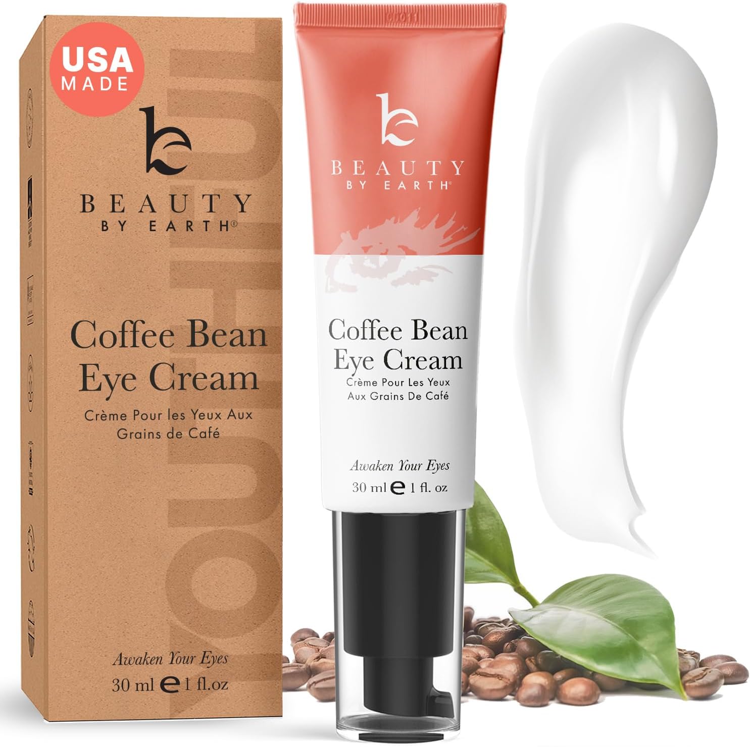 Beauty by Earth Caffeine Eye Cream for Puffiness & Bags Under Eyes - USA Made with Natural & Organic Ingredients, Under Eye Cream for Dark Circles with Glycerin & Vitamin E, Brightens & Refreshes