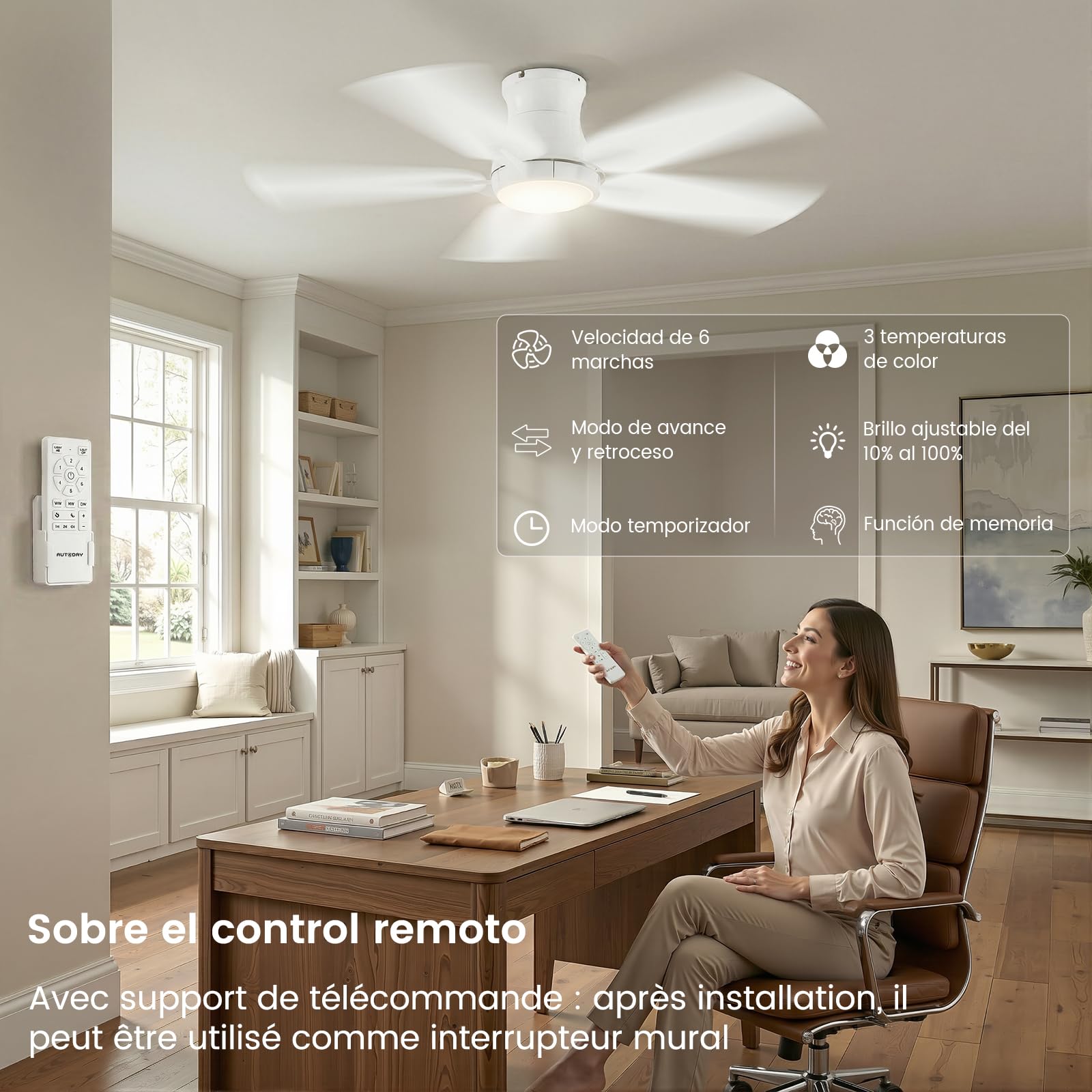 Ventilador de techo con luces de 122 cm, ventilador de techo con mando a distancia, silencioso motor reversible de CC, memoria 3CCT, regulable, 6 velocidades,Blanco