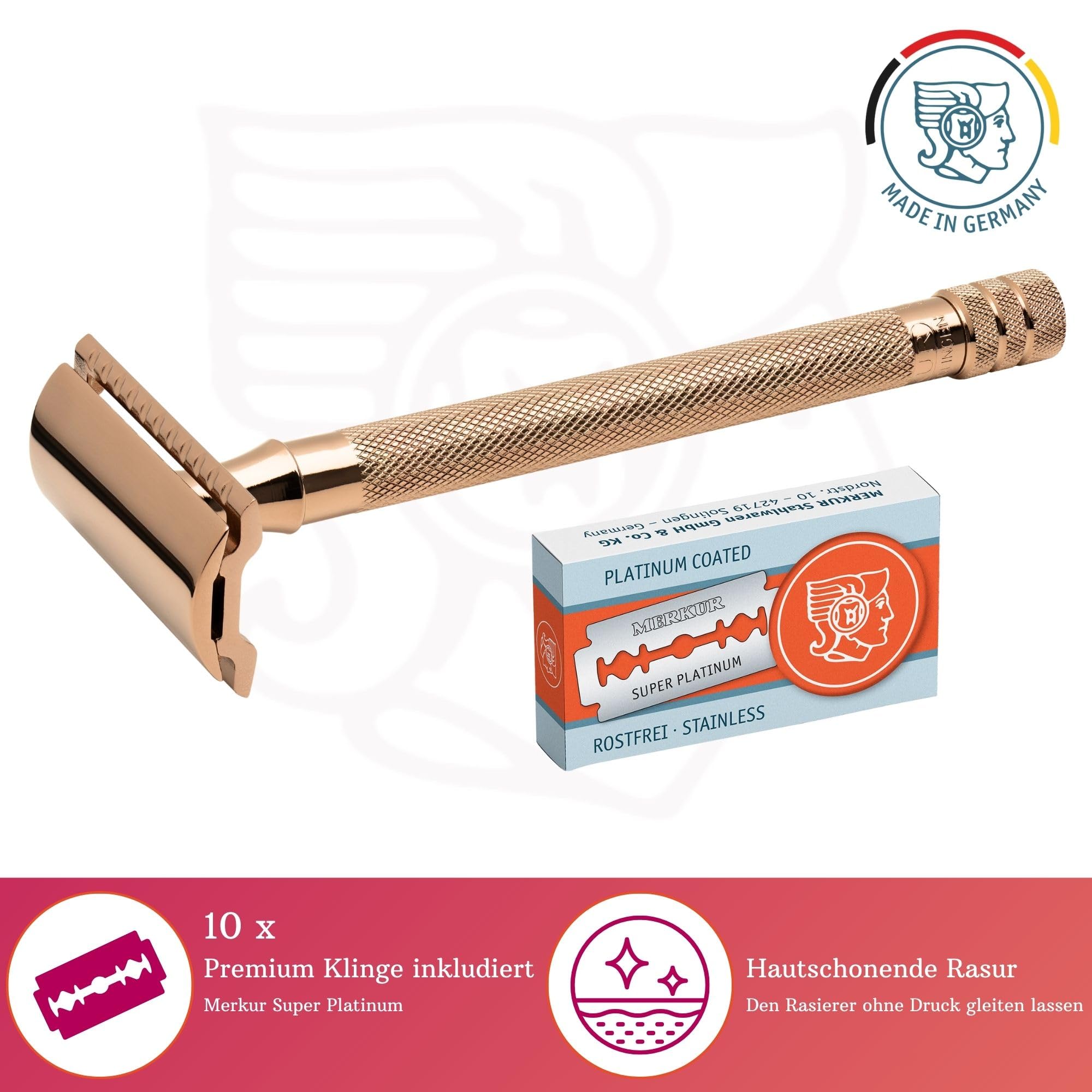 MERKUR 24G Rasierhobel für Damen mit 10 Premium Rasierklingen | extra langer Griff | Dreiteiliger Rasierer | gerader Schnitt | Roségold | Made in Germany