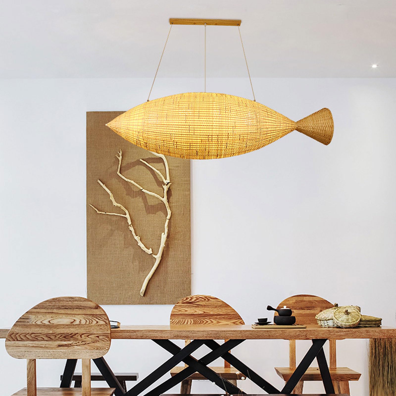 Lámpara colgante creativa de bambú con forma de pez, cocina del sudeste asiático, lámpara decorativa de bambú hecha a mano para sala de estar, adecuada para comedor, luminaria de estilo rústico.