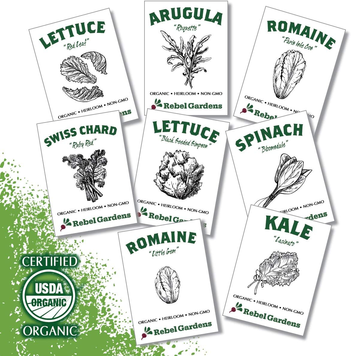 Certified Organic Garden Greens Vegetable Seeds - 8 Varieties of Heirloom, Non-GMO Salad Leafy Green Seed - Lettuce, Arugula, Swiss Chard, Kale, and Spinach for Planting Indoors Outdoors & Hydroponics