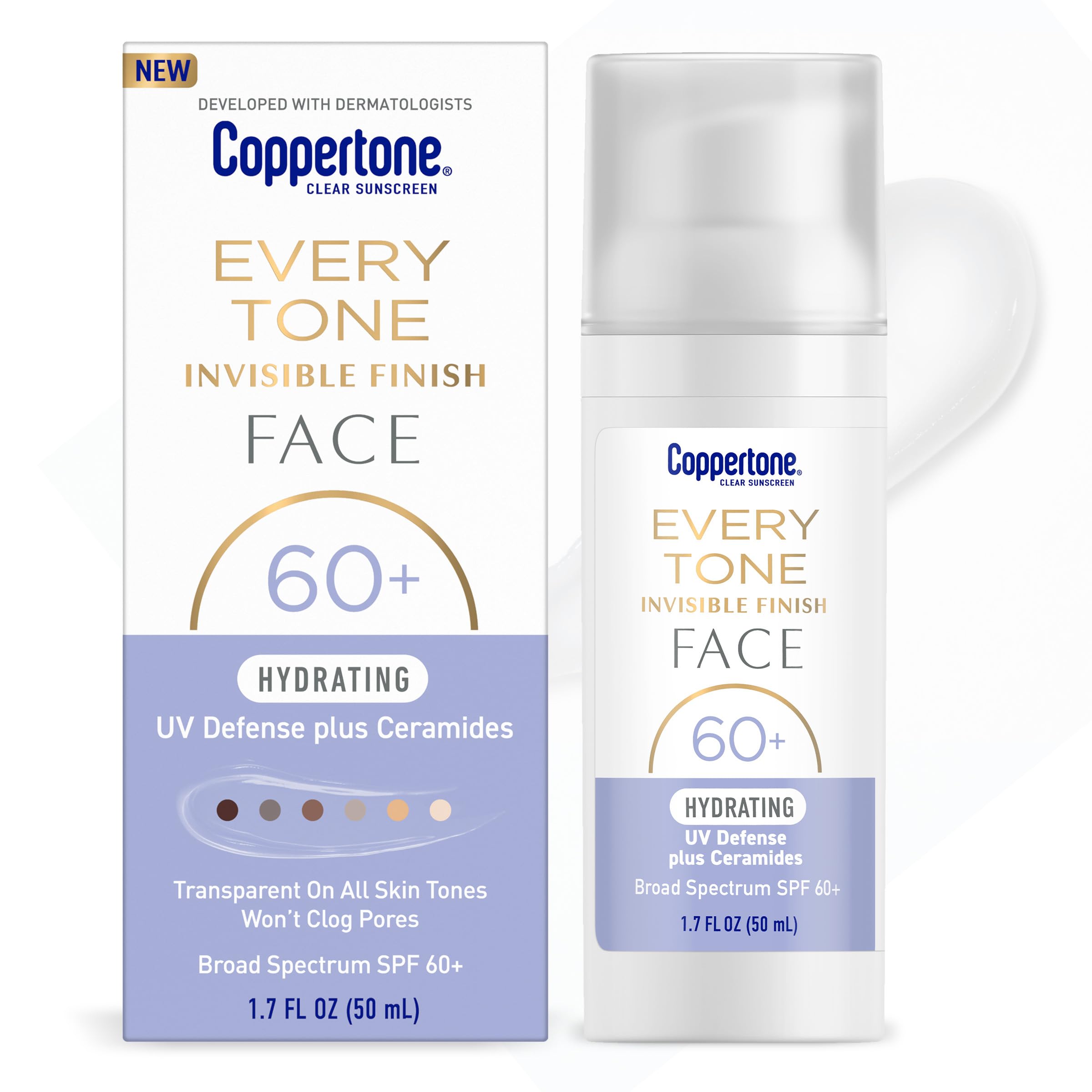 Coppertone Every Tone Invisible Finish Hydrating UV Defense Face Sunscreen SPF 60 with Ceramides Lightweight Blends in Clear