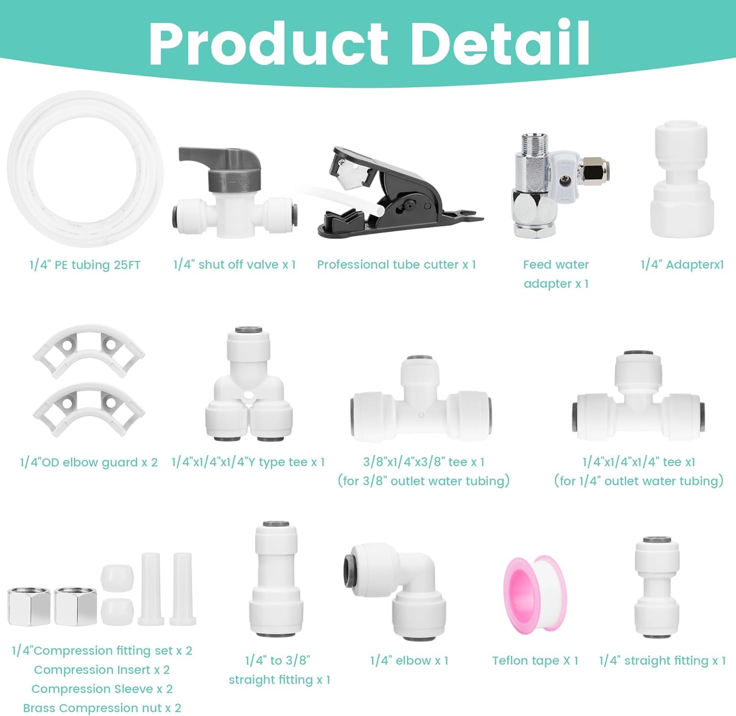 Refrigerator Water Line Kit Connection and 25FT 1/4" OD Tubing with Inlet Adapter Quick Connect for Refrigerator Ice Maker RO System Water Purifier Faucet