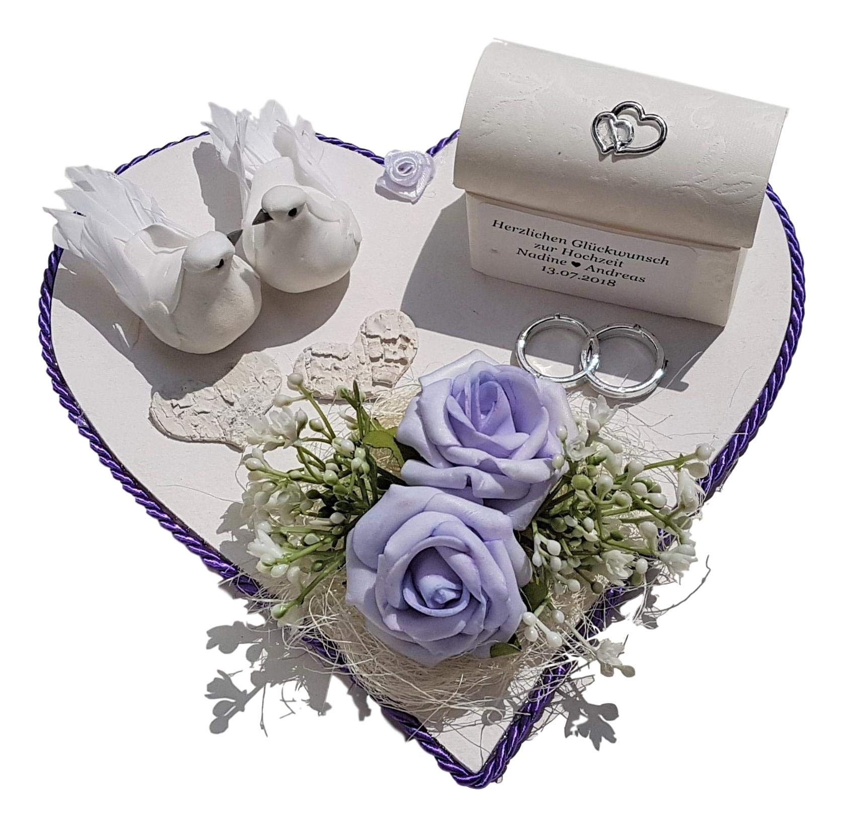 Der-kleine-Dekoladen Geldgeschenk zur Hochzeit flieder mit Tauben Verpackung für Geld Flitterwochen