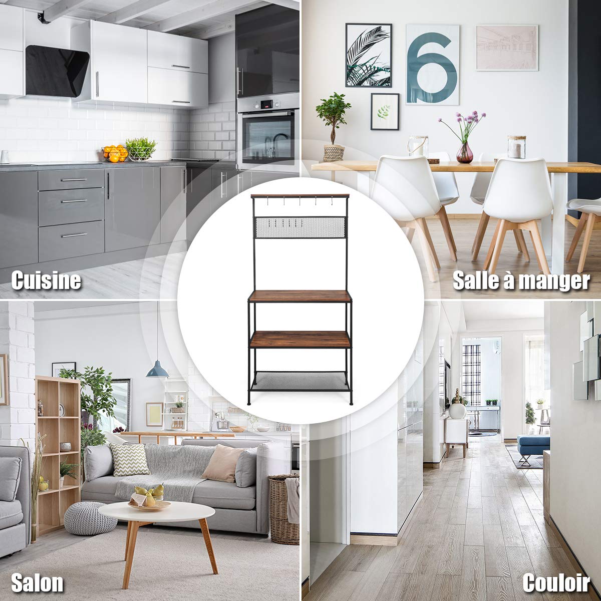 COSTWAY Étagère de Cuisine, Support pour Four à Micro-Ondes à 3 Etages, 11 Crochets en S et 1 Panneau en Grille, Meuble Rangement pour Epices, Pots, Casseroles, Pieds Antidérapants de Style Industriel
