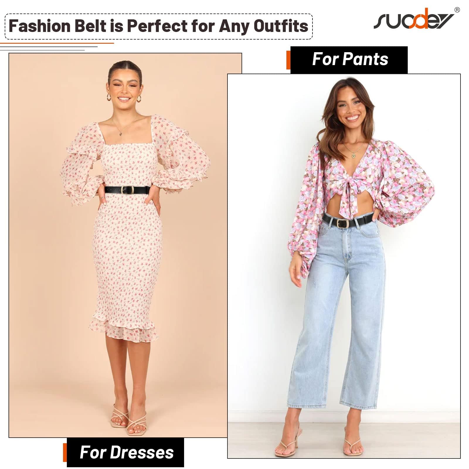 SUOSDEY Fashion Womens Leather Belt, Soft Leather Waist Belt with Gold Pin Buckle for Jeans Pants,width 1.3