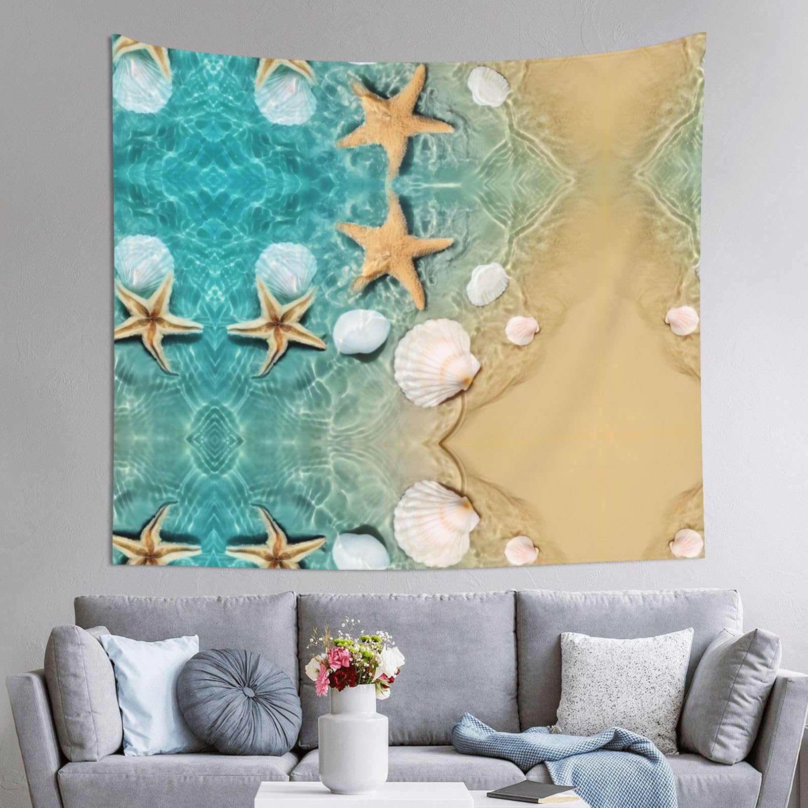 HLSBSSL 60x51in Starfish And Seashell Pattern Printed Tapestry Tablecloth for Dormitory and Picnic Rooms - Multifunctional Fabric Hanging