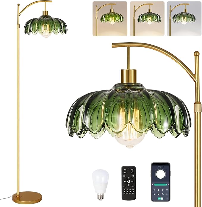 HTTDZM Glass Floor Lamp for Living Room,Bedroom,Mid Century Modern Standing Lamp with Remote,Dimmable Gold Tall Lamp Green Vintage Retro Arc Flower Floor Light Boho Bohemian