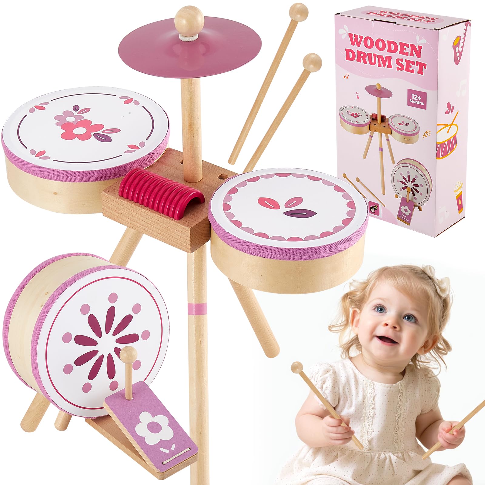 LINFUN KIDS Wooden Musical Instrument Set Drum Toys 1 Year Old Girl Gifts