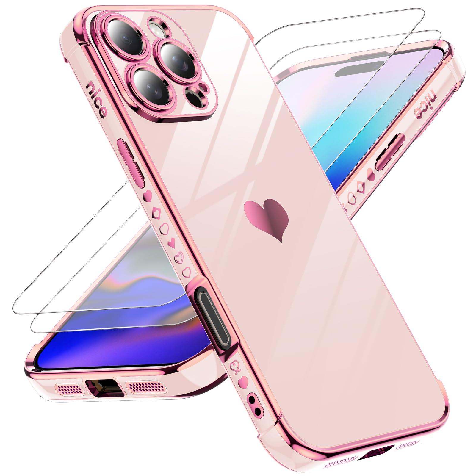 LeYi for iPhone 16 Pro Case: with Tempered Glass Screen Protector [2 Pcs]+ Full Camera Lens Protection,Love Heart Plating ...