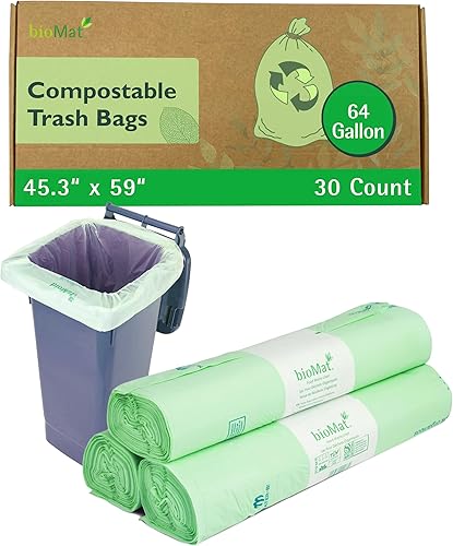 bioMat Bolsas de basura compostables de 64 galones, 30 unidades, con certificación BPI ASTM D6400 y CMA, bolsas de compostaje para bote de basura