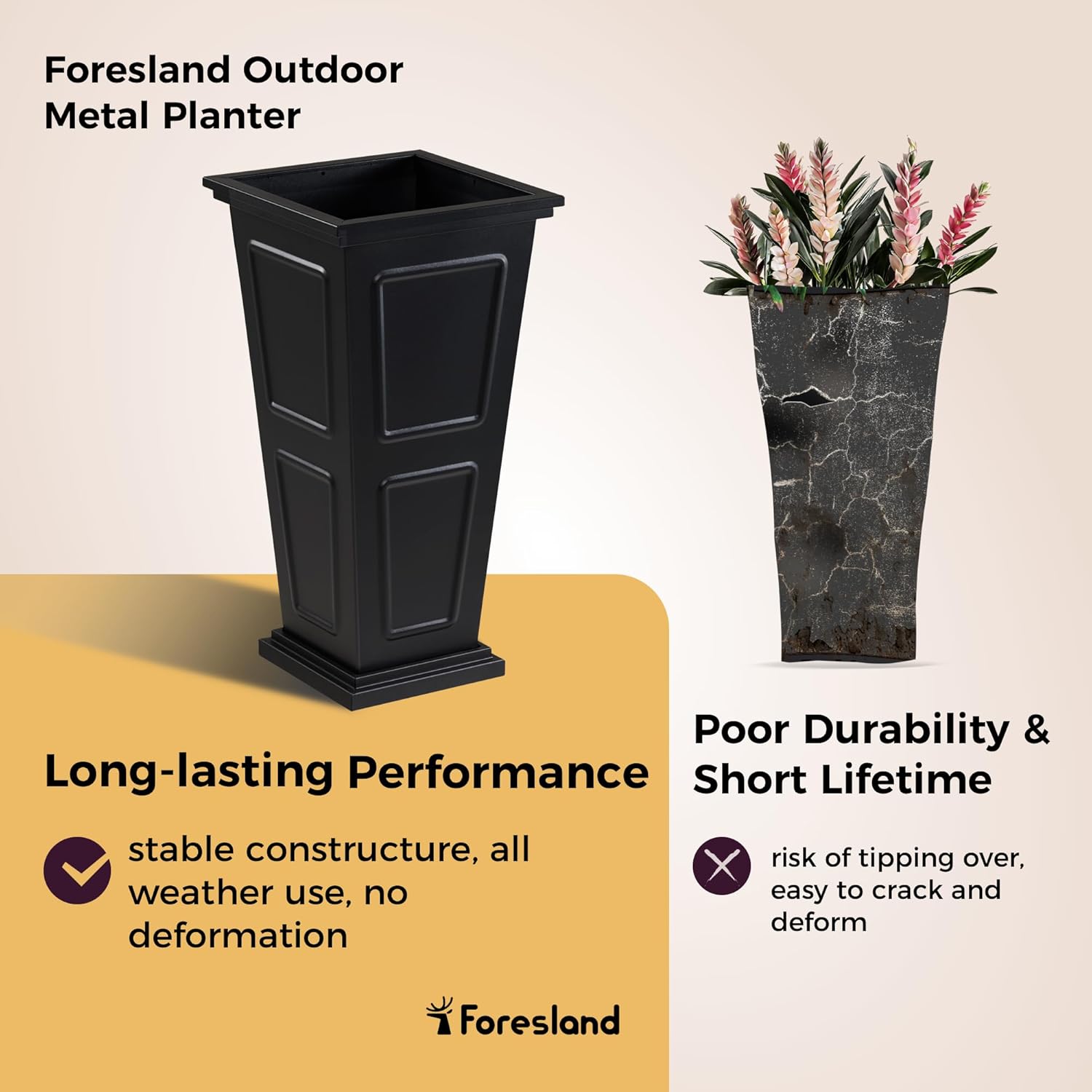 26" Tall Metallic Planter Set of 2, Black Taper Planters with Removable Partition Drainage Holes, Large Outdoor Planter for Front Porch, Garden, Patio, Balcony, Classic Estate Design, All-Weather Use