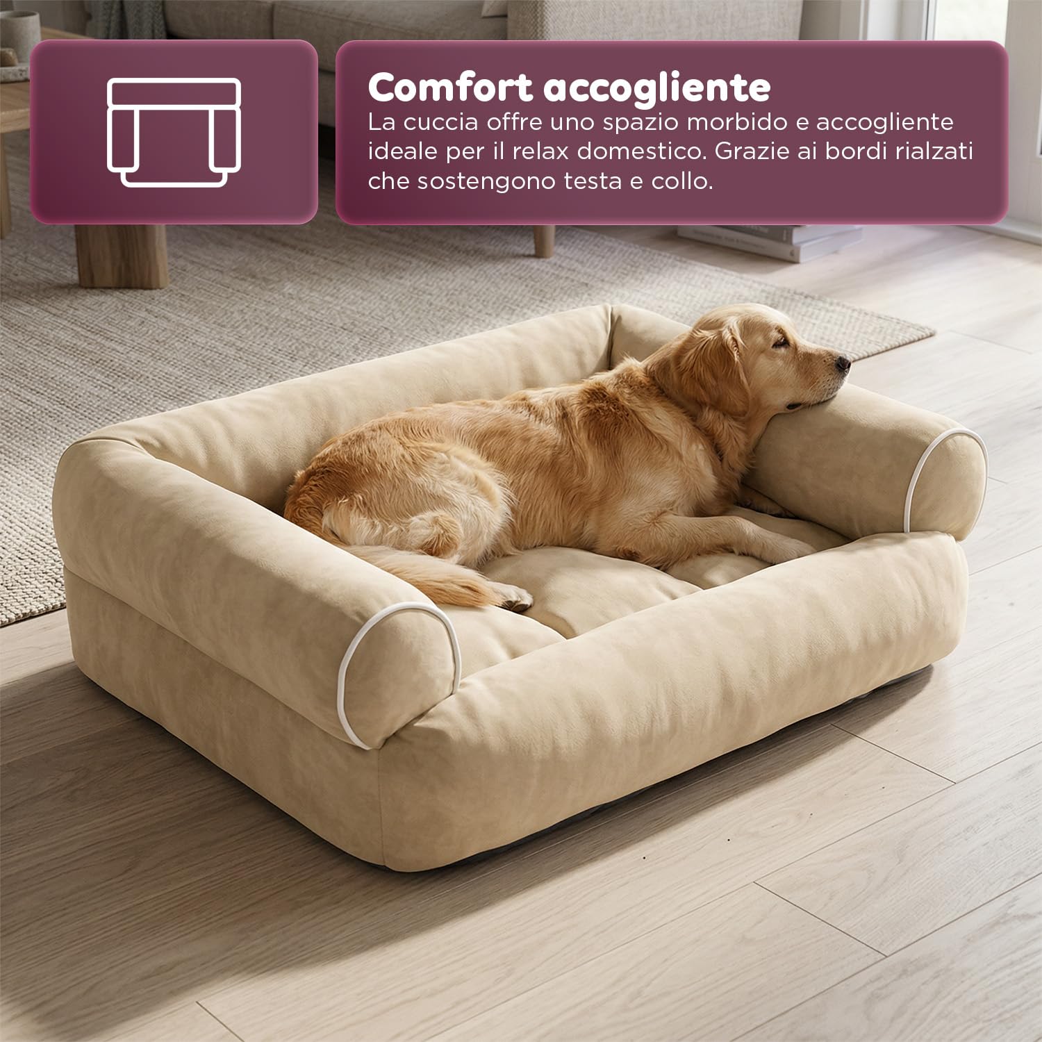 Wintem - Divano XXL Beige per Cani Morbido con Bordi Rialzati, Cuccia Interno Antistress per Cani e Gatti, Supporto Testa e Collo, Utilizzo Quotidiano, Design Elegante e Lavabile