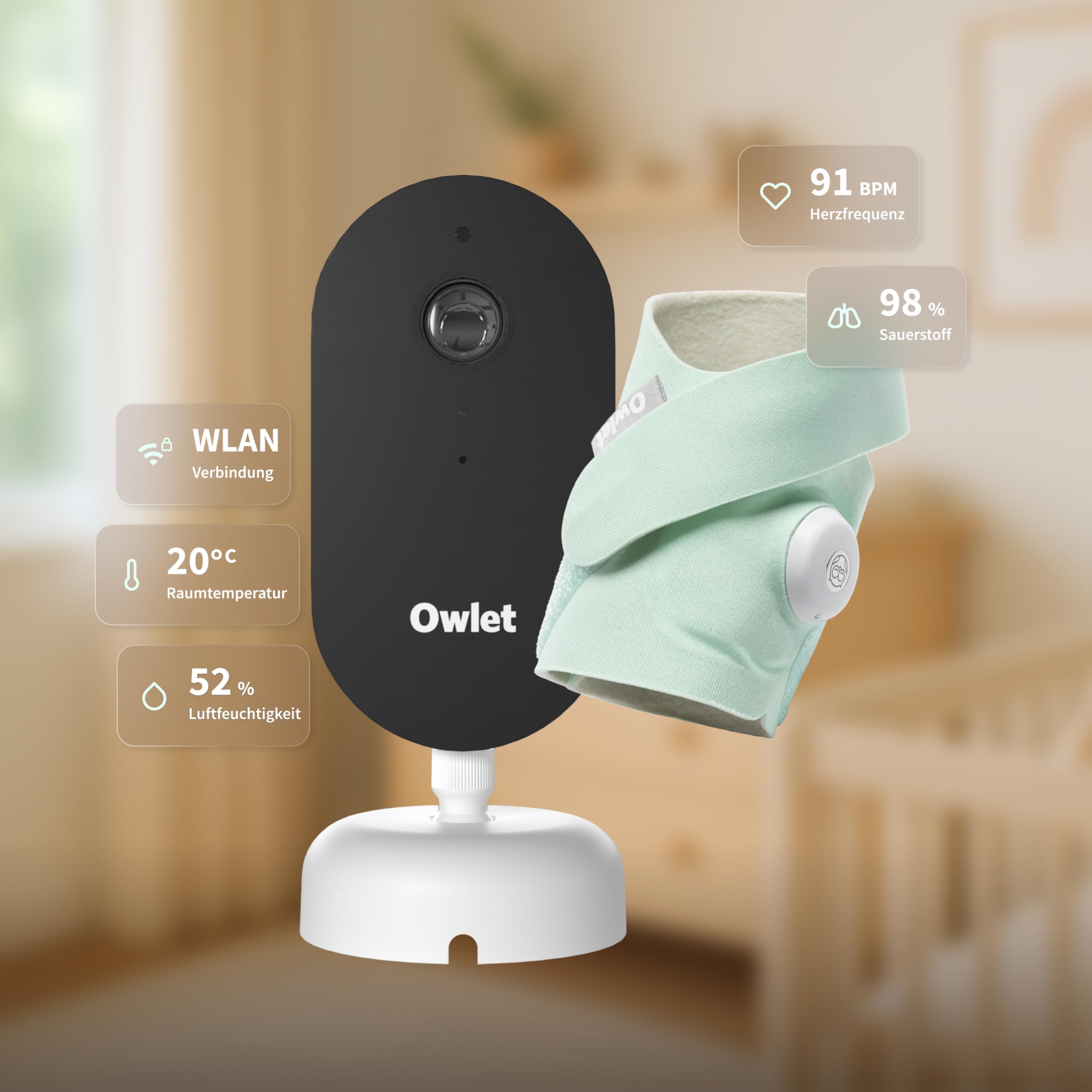 Owlet Dream Duo – Smartes Babyphone mit App | Sensorbasierte Babyüberwachung mit Dream Sock®, 2K HD Kamera, Schlaftracking & Echtzeit-Benachrichtigungen | WLAN (Mint)